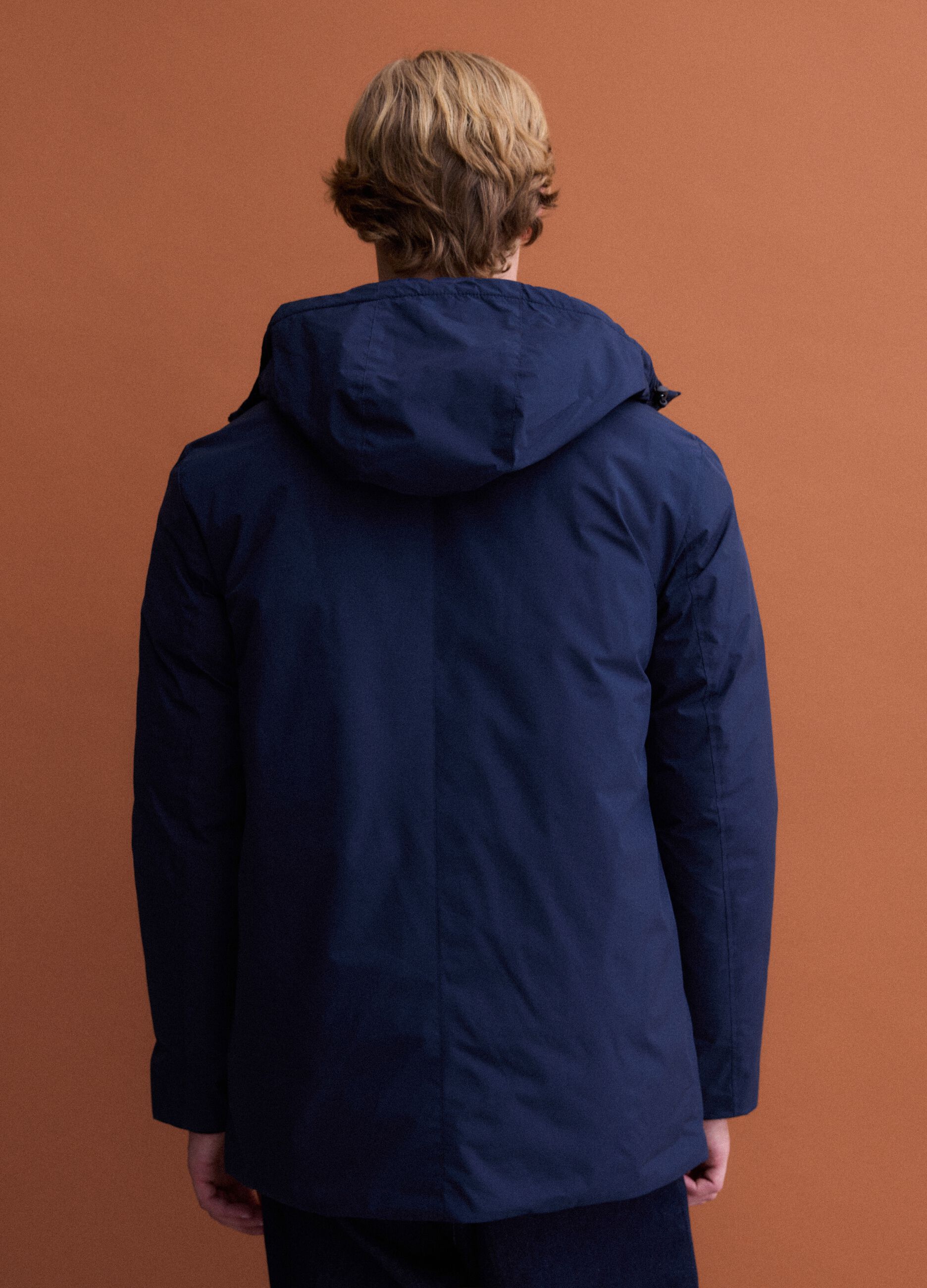 Parka imbottito lungo blu navy con cappuccio