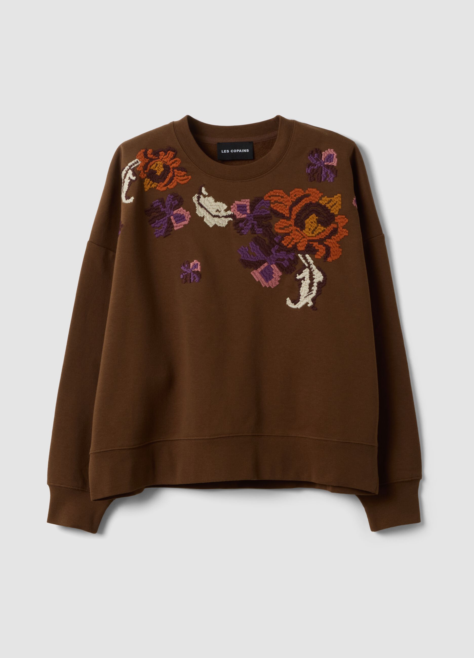 Felpa marrone in misto cotone con girocollo con fantasia floreale