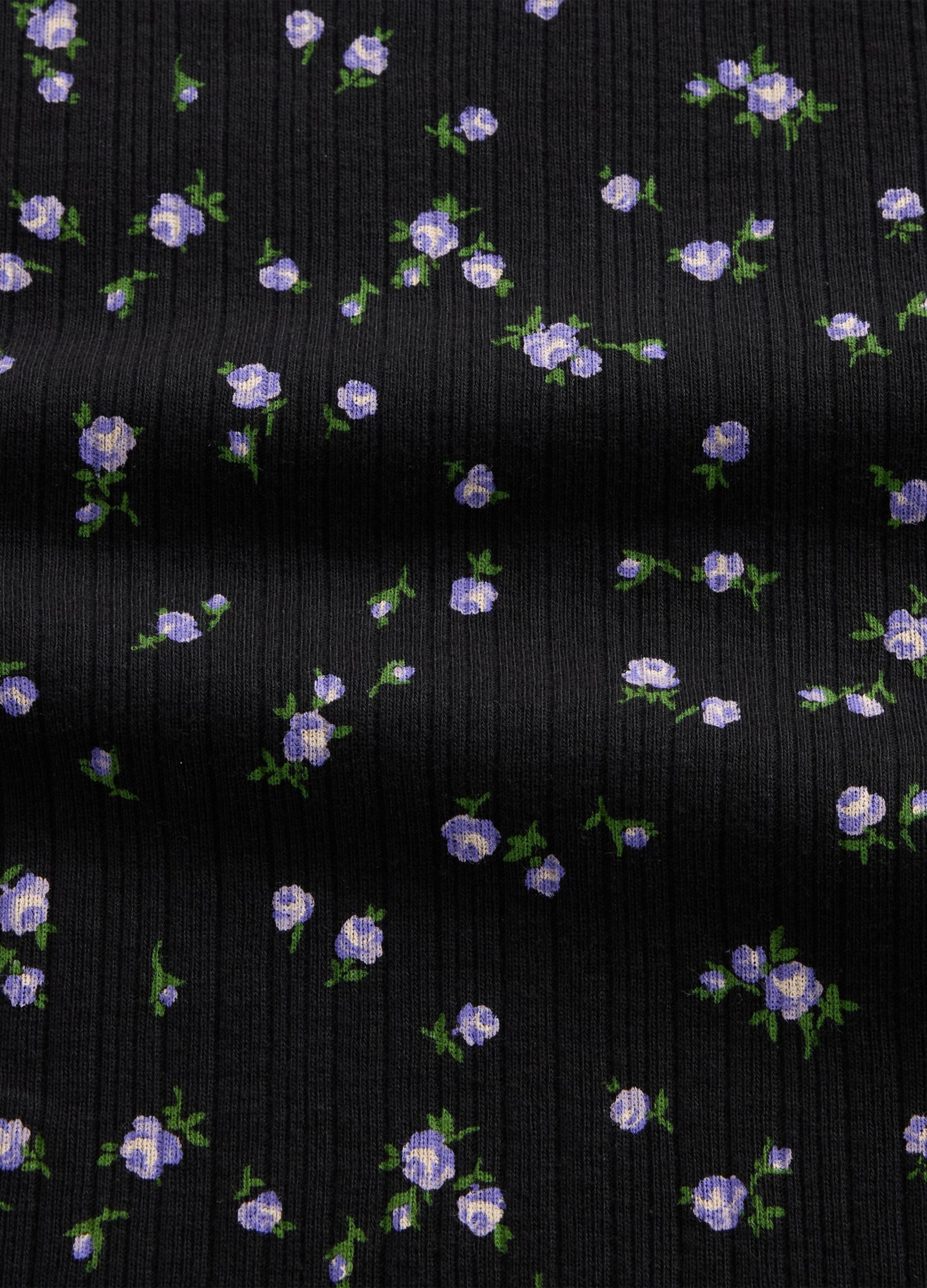 Long-sleeved black cotton shirt with floral print