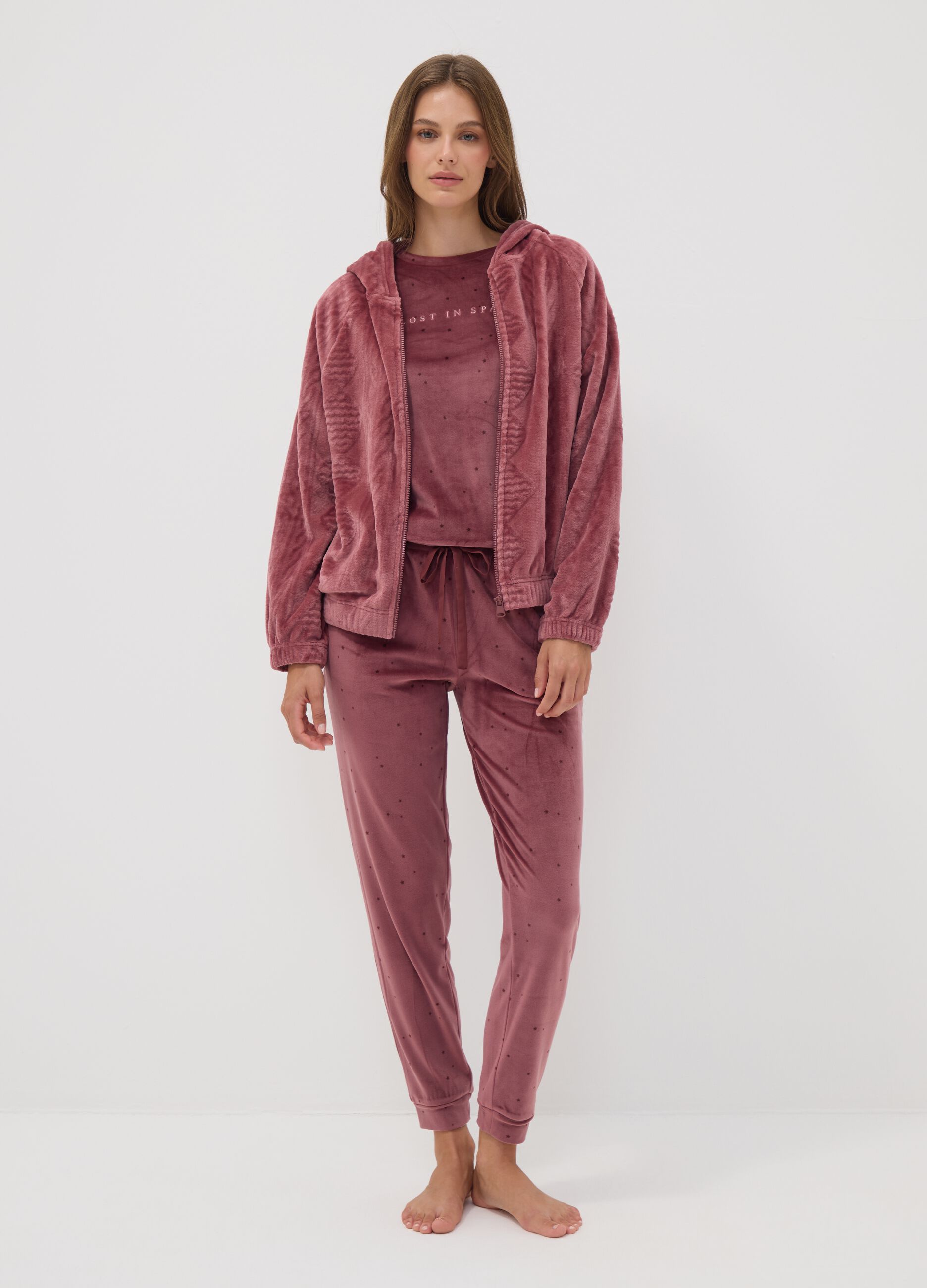 Pink zip-up hooded homewear sweatshirt