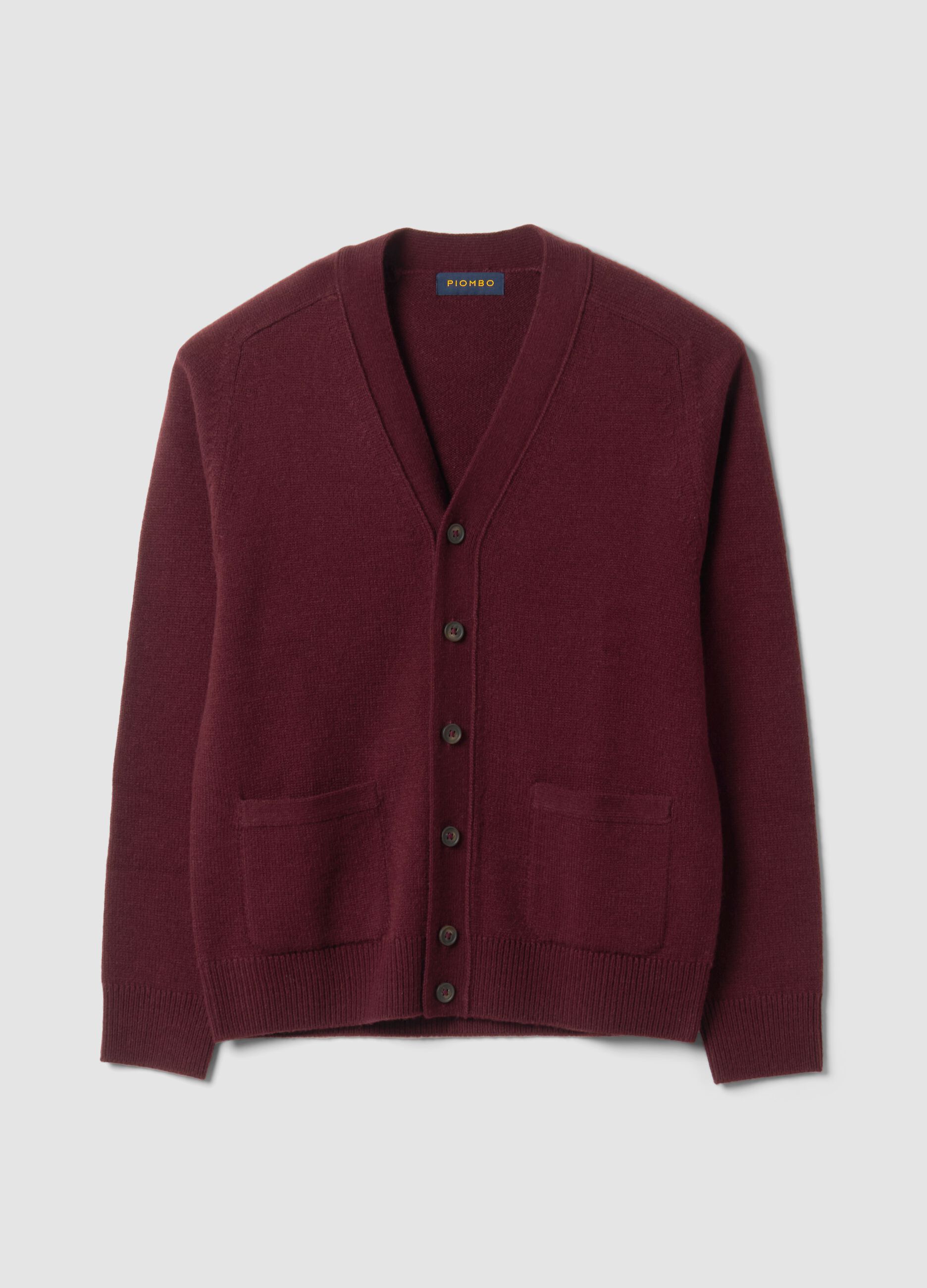 Red wool-blend cardigan with deep V-neck