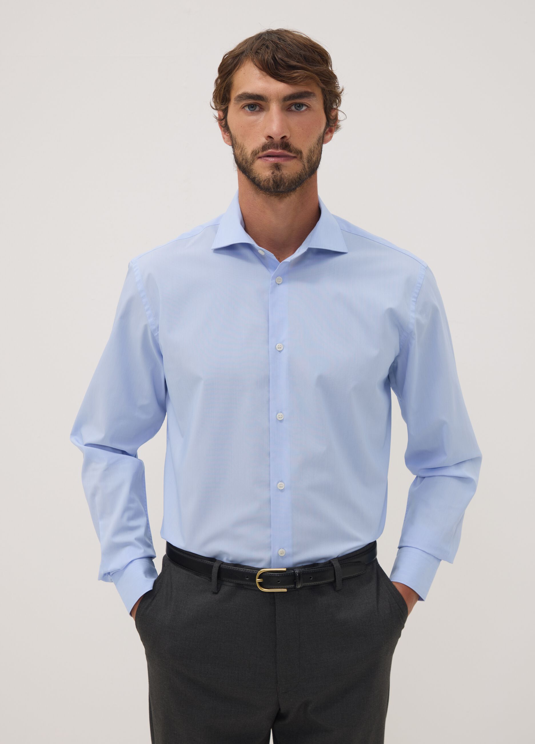 Light blue lyocell-blend shirt with French collar, easy-iron regular fit