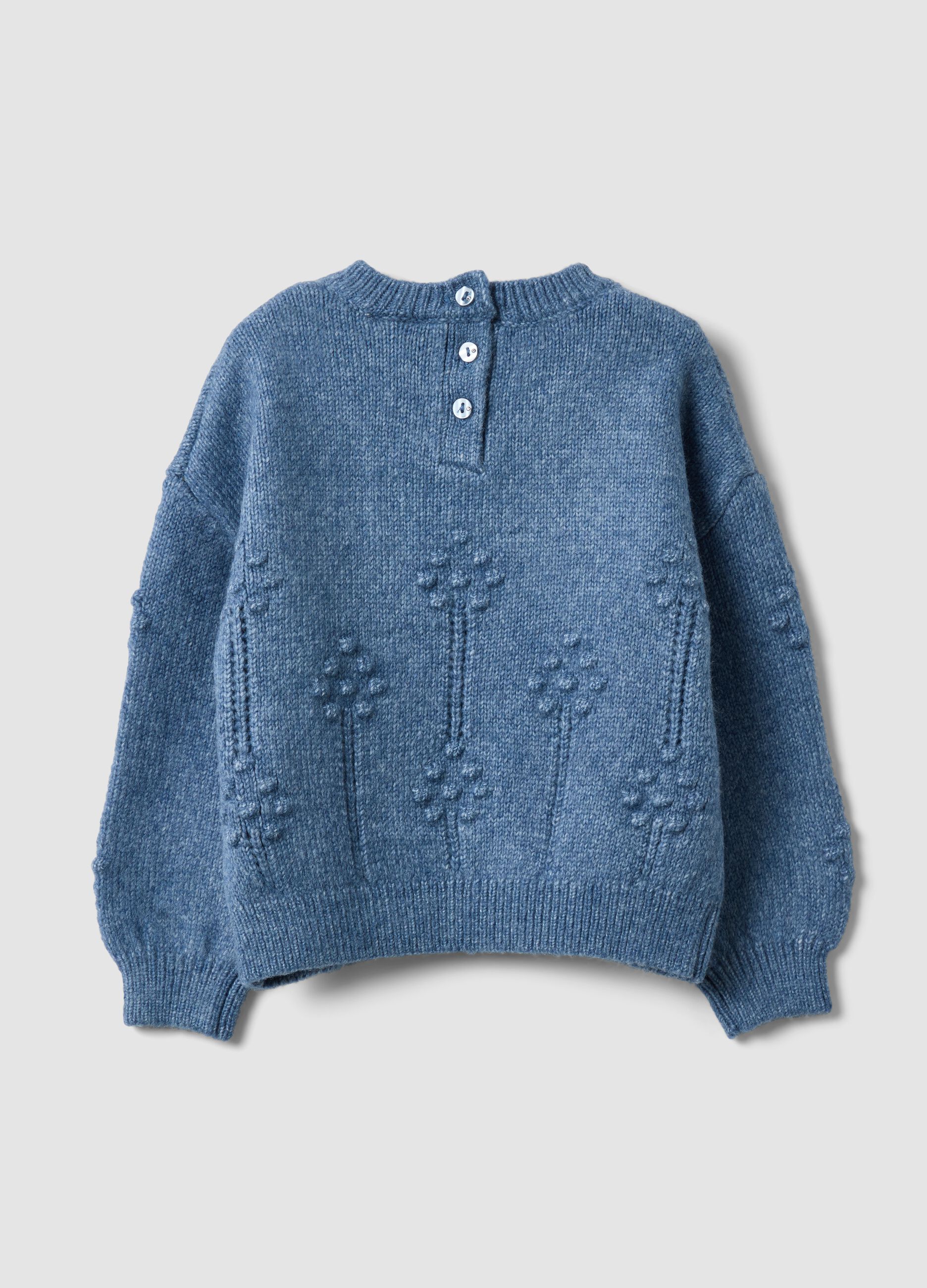 Blue crew-neck knitted jumper with floral pattern