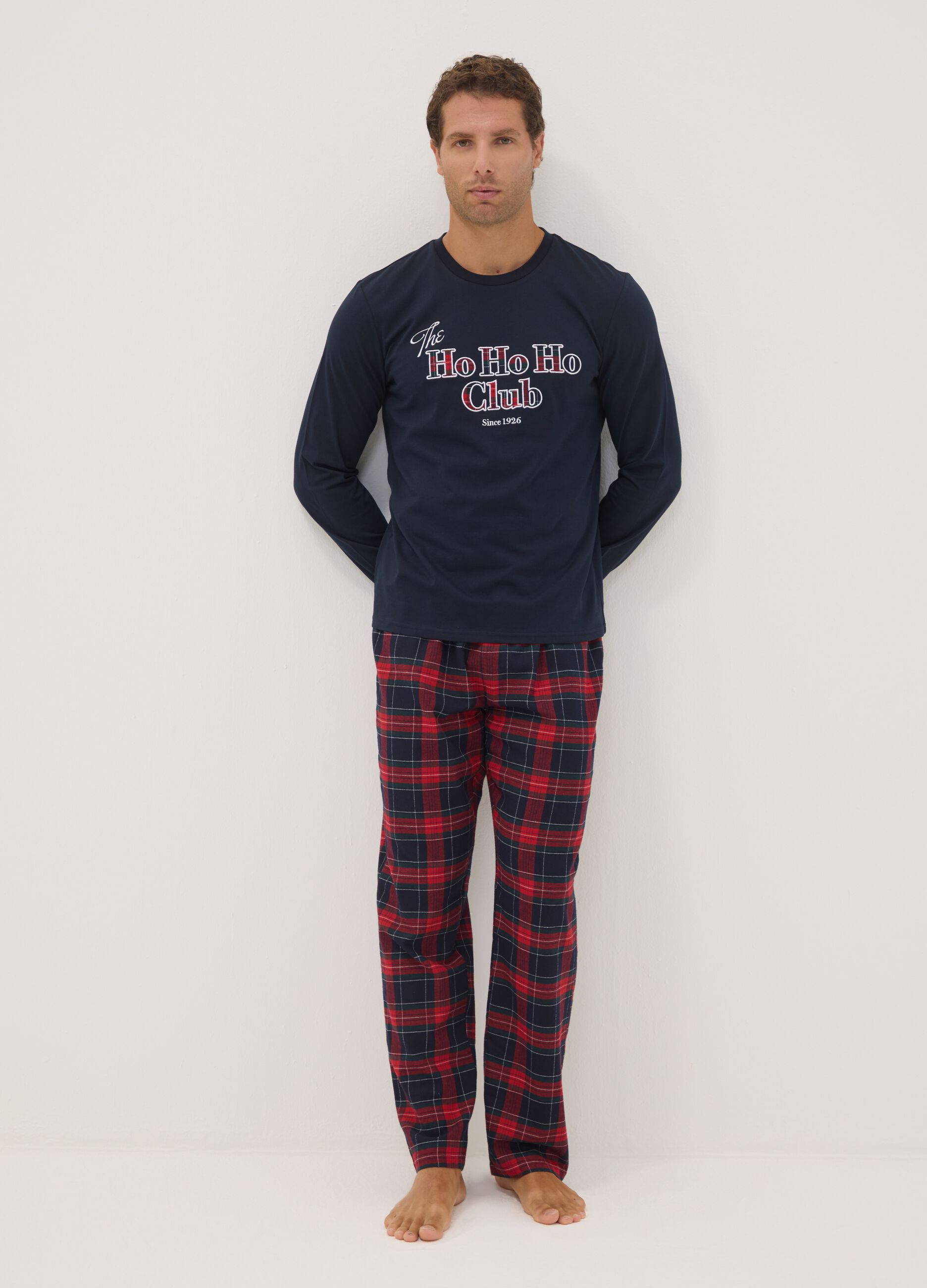 Navy blue pure cotton crew-neck pyjamas