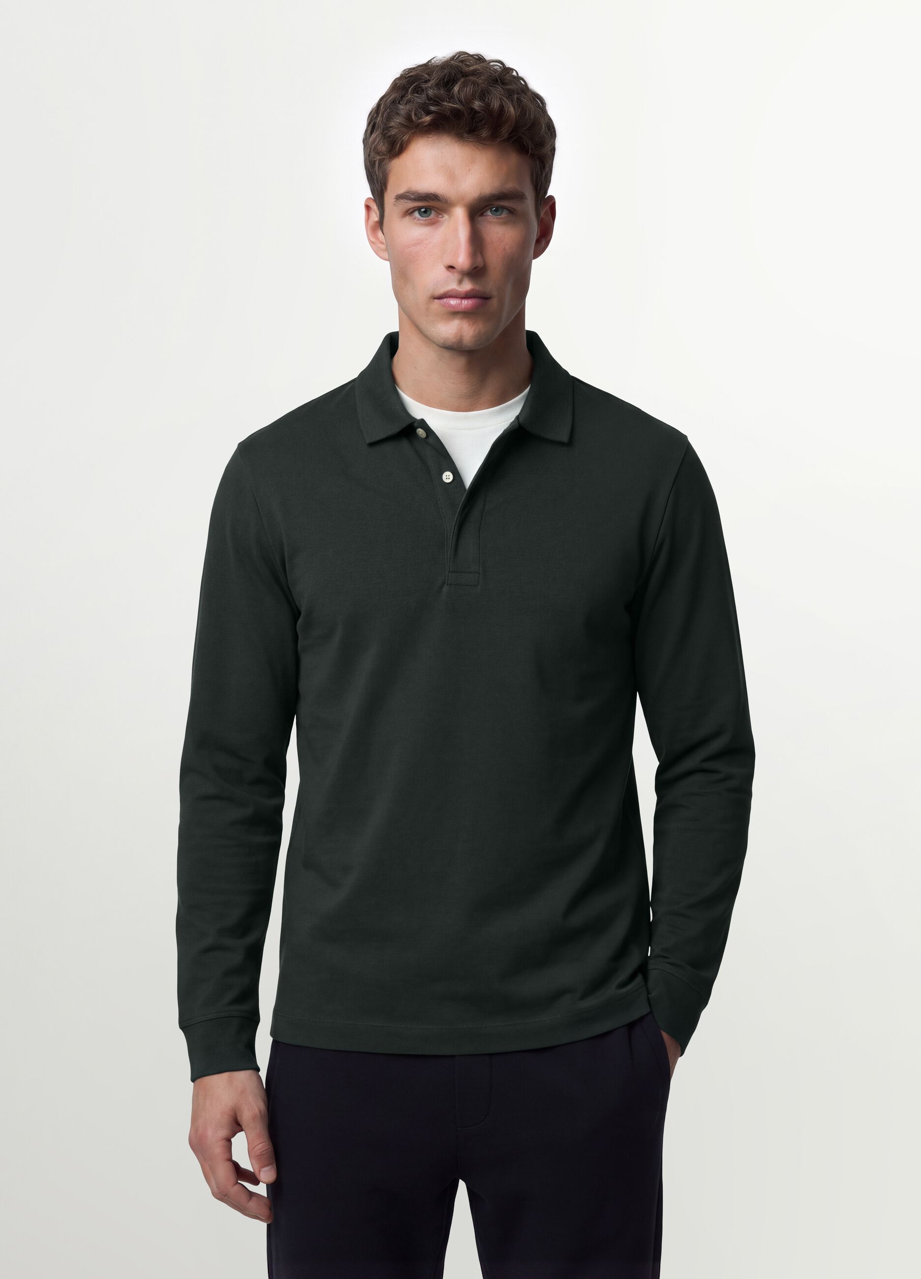 Grey regular-fit long-sleeve stretch cotton polo