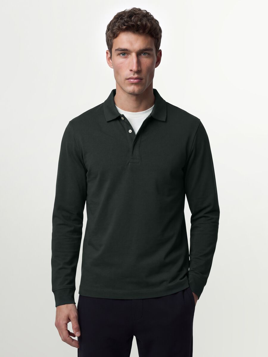 Grey long-sleeve stretch cotton polo shirt, regular fit_0
