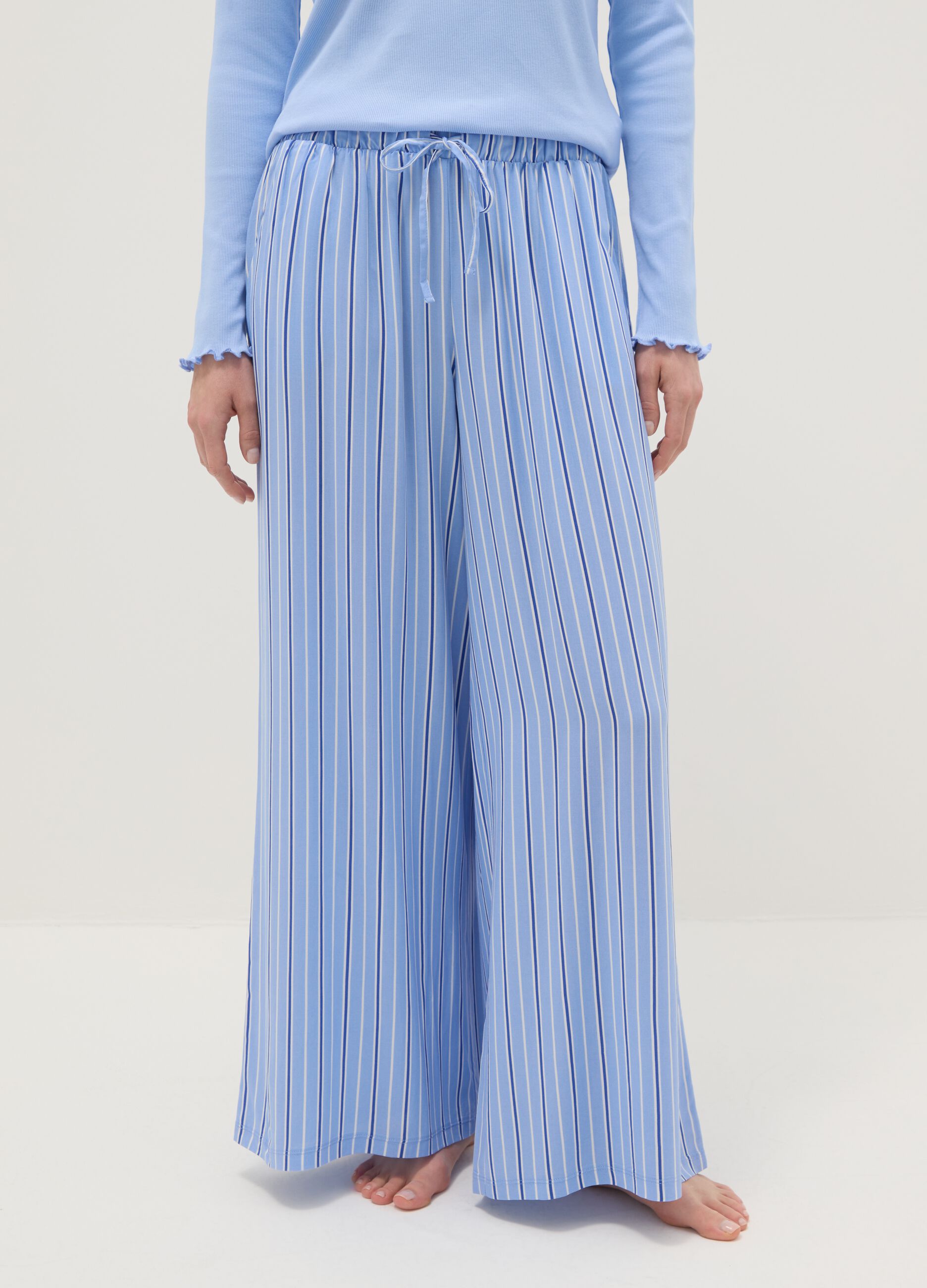 Blue striped pure viscose pajama trousers in regular fit