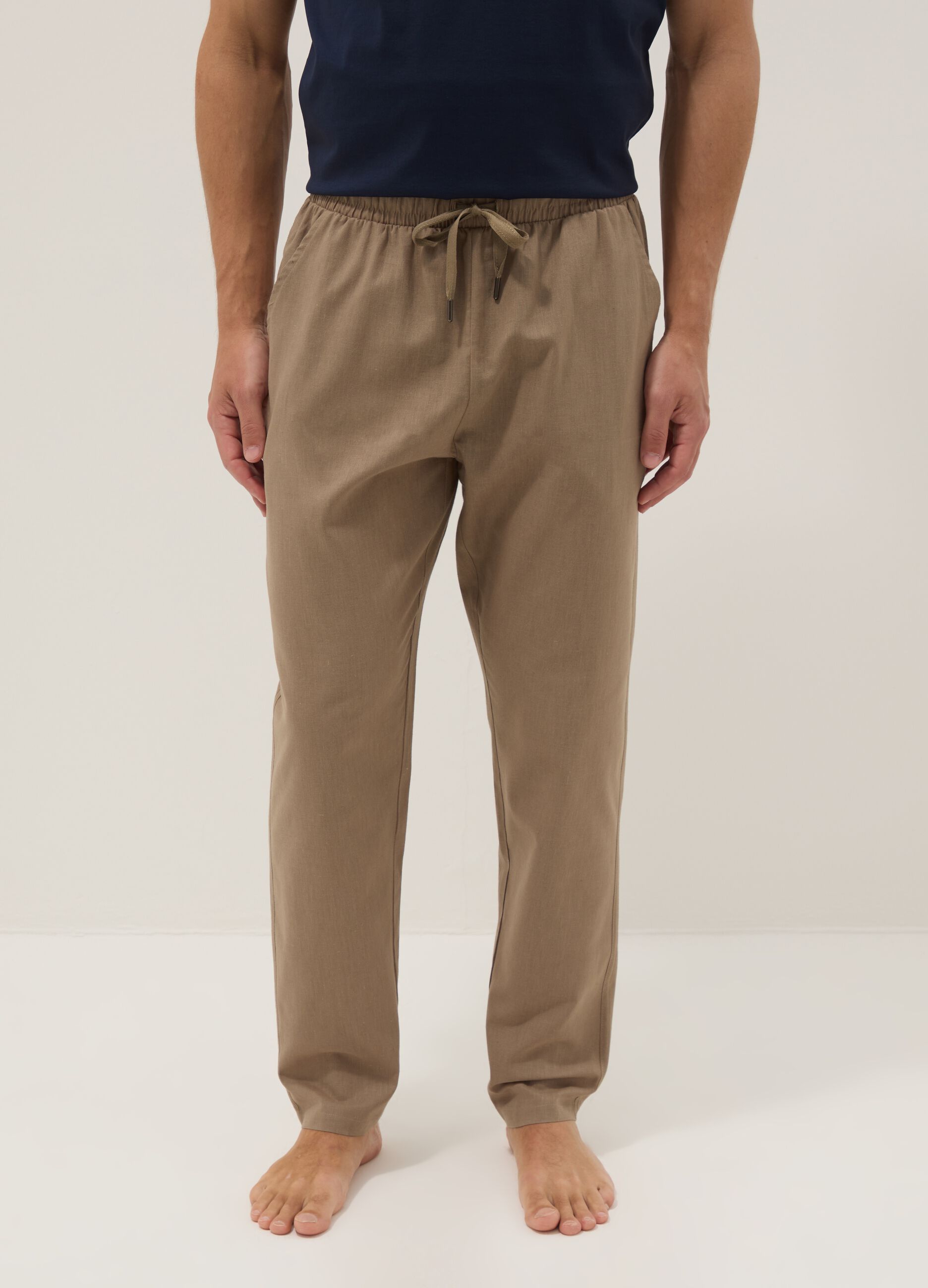 Beige cotton-linen blend pyjama trousers, relaxed fit