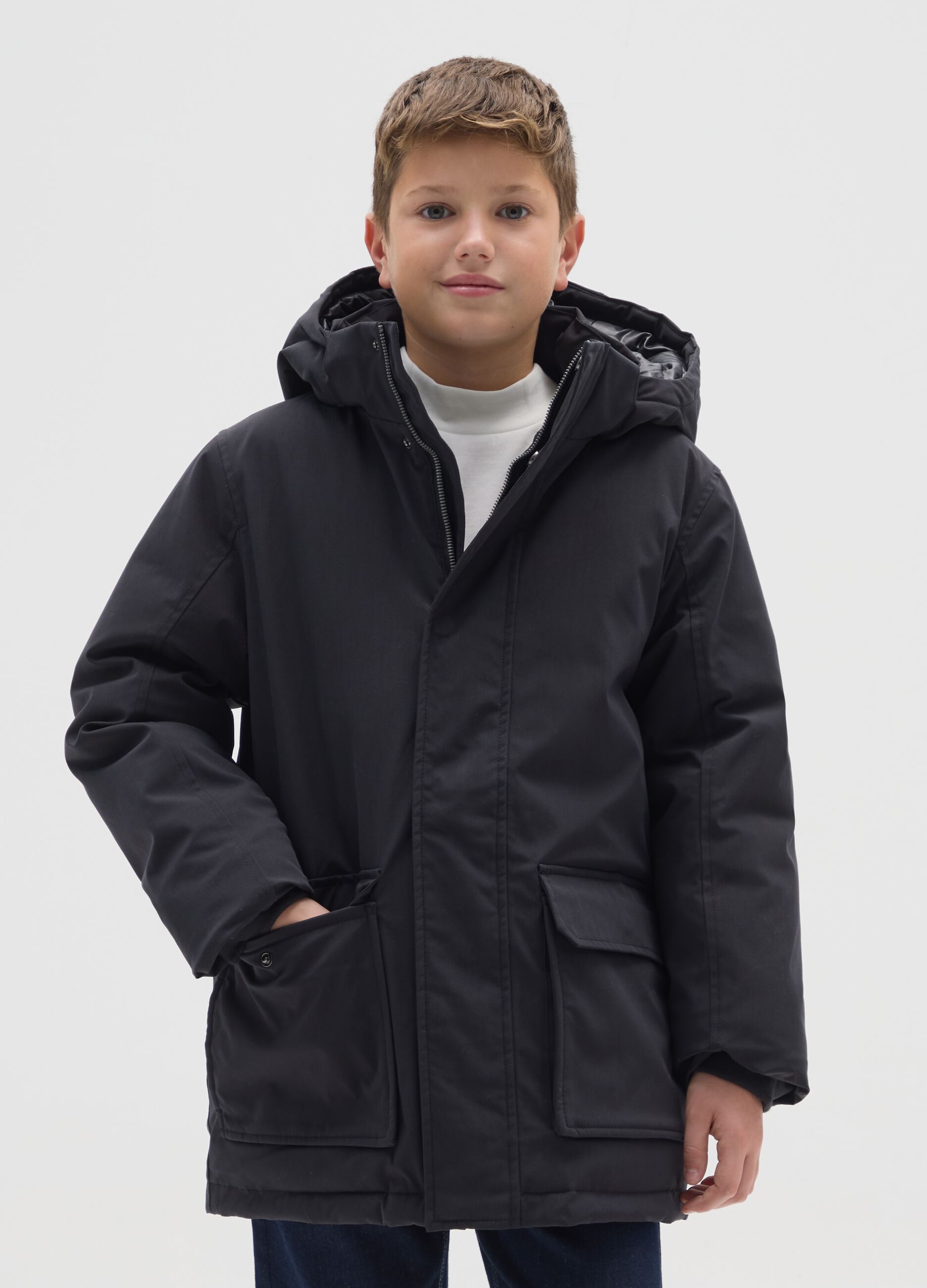 Black padded jacket with hood for boys regular fit