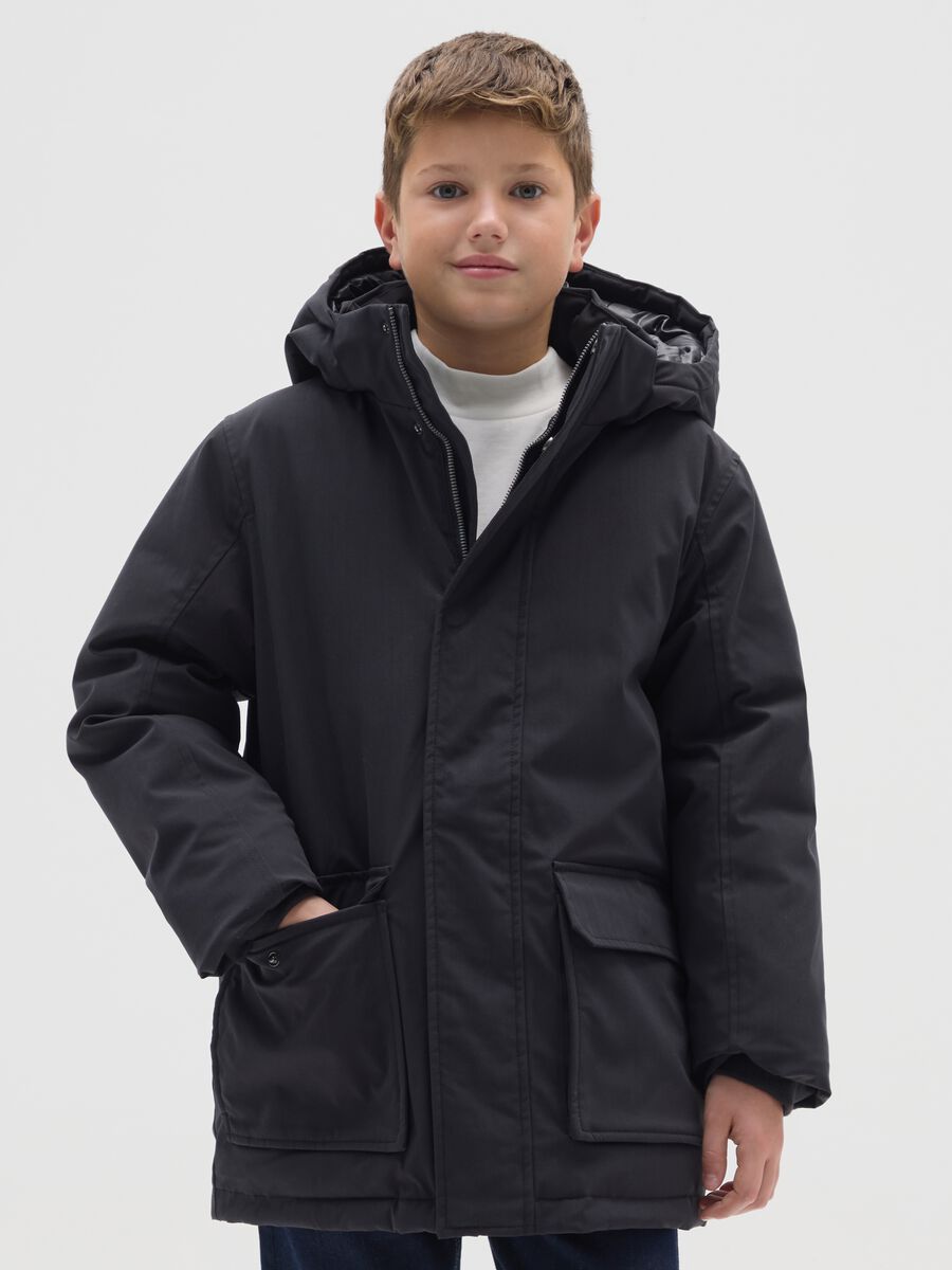 Black padded jacket with hood for boys regular fit_0