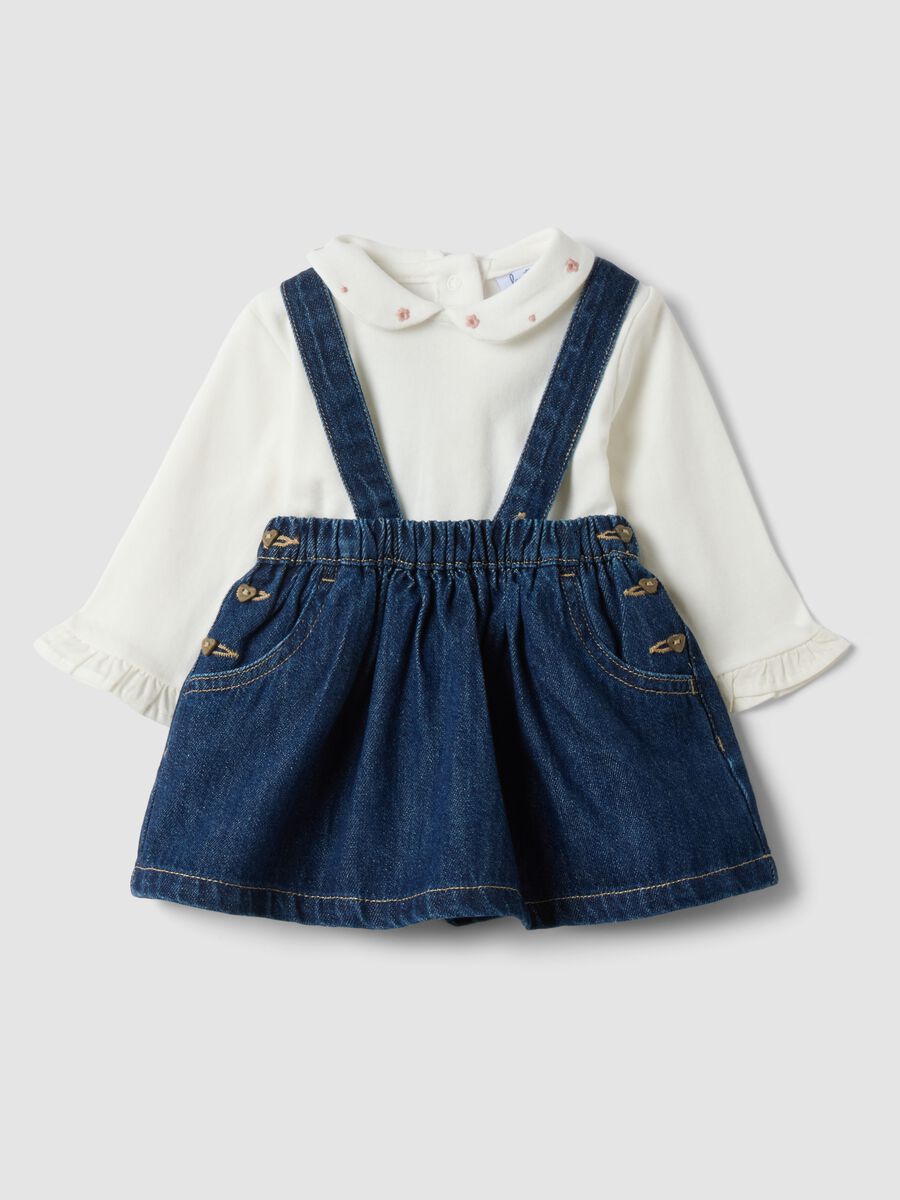 Blue and white cotton-viscose blend set with classic collar for baby girl_0