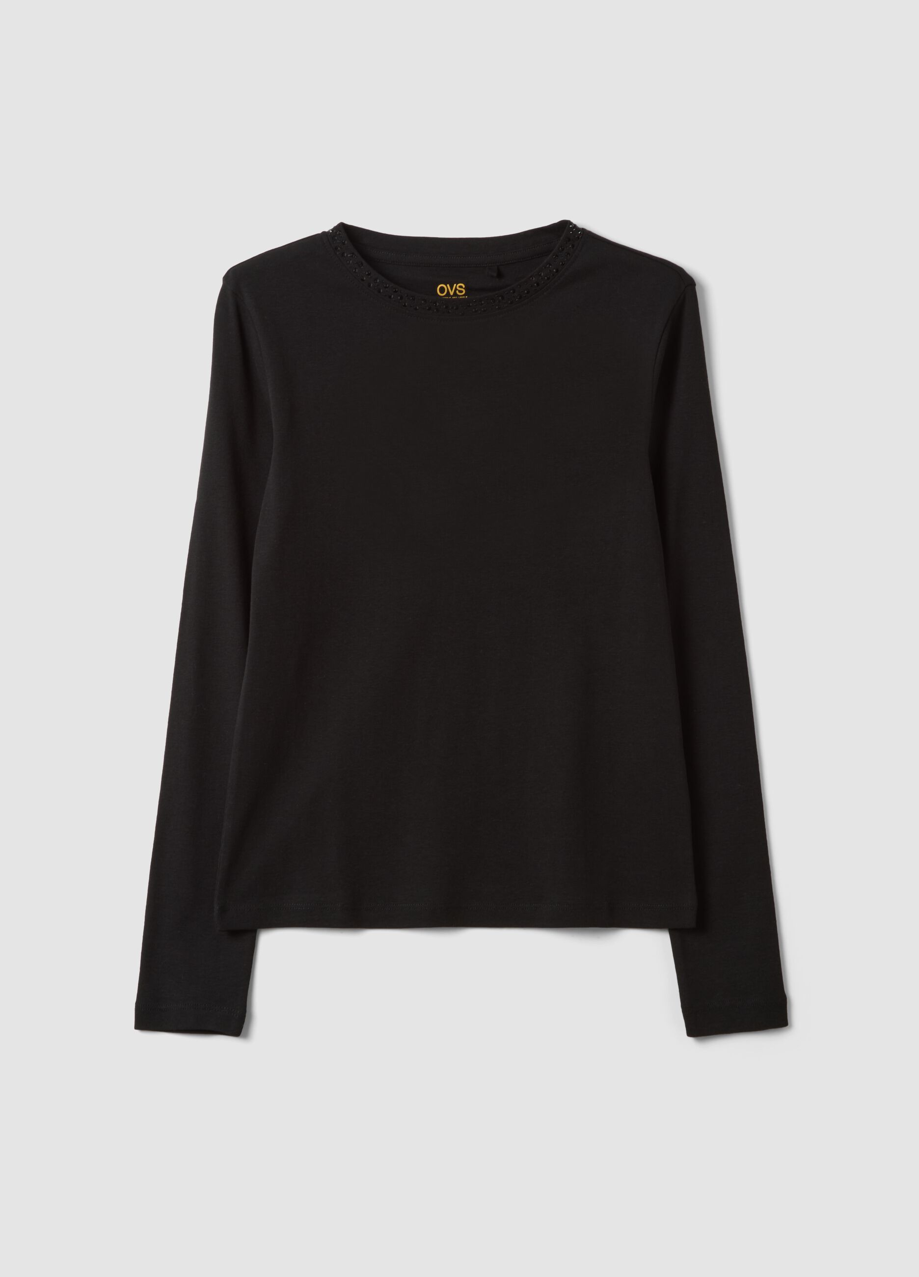Black pure cotton T-shirt with rhinestone detail