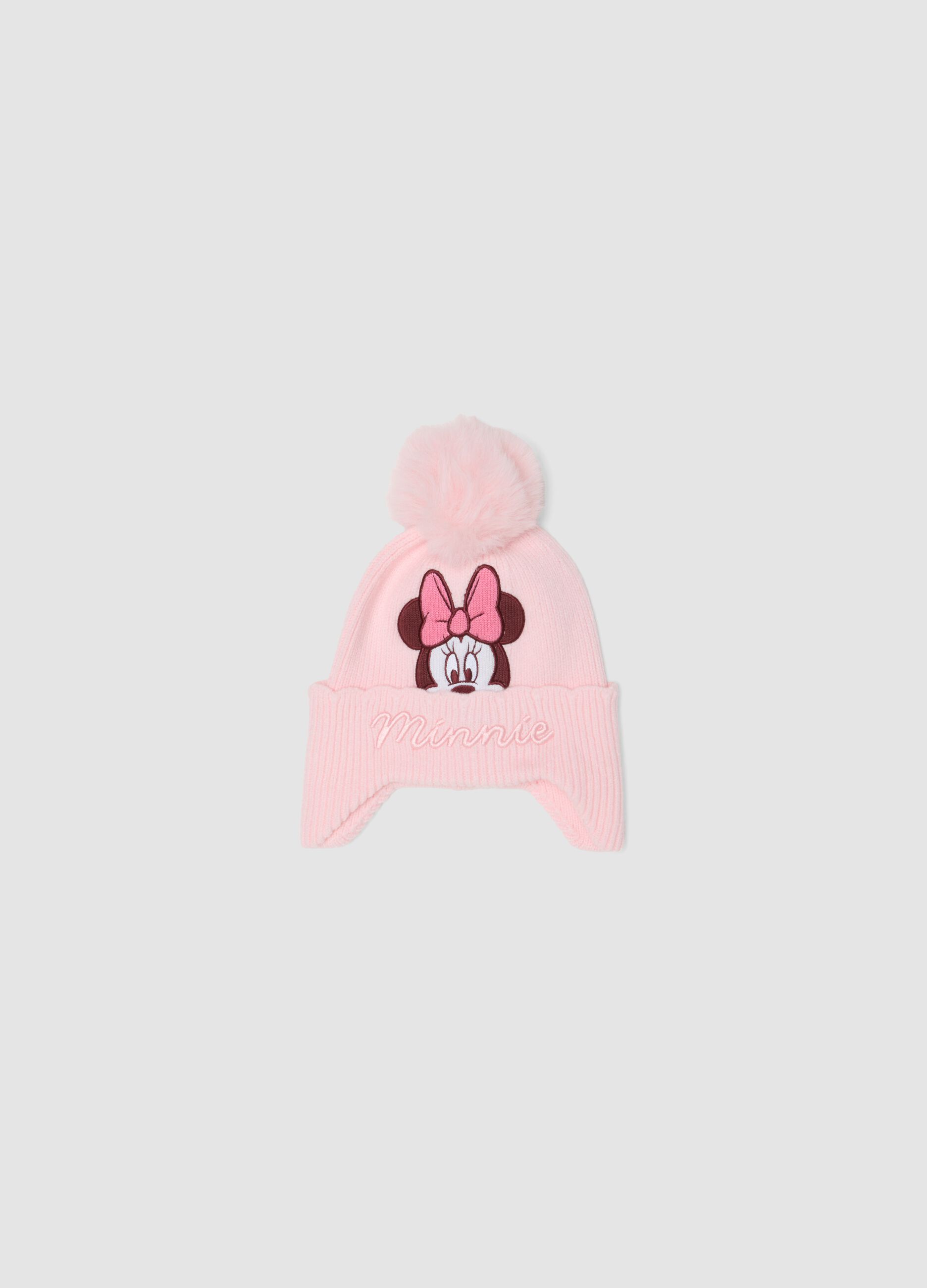 Pink viscose-blend beanie with pom‑pom and Minnie embroidery