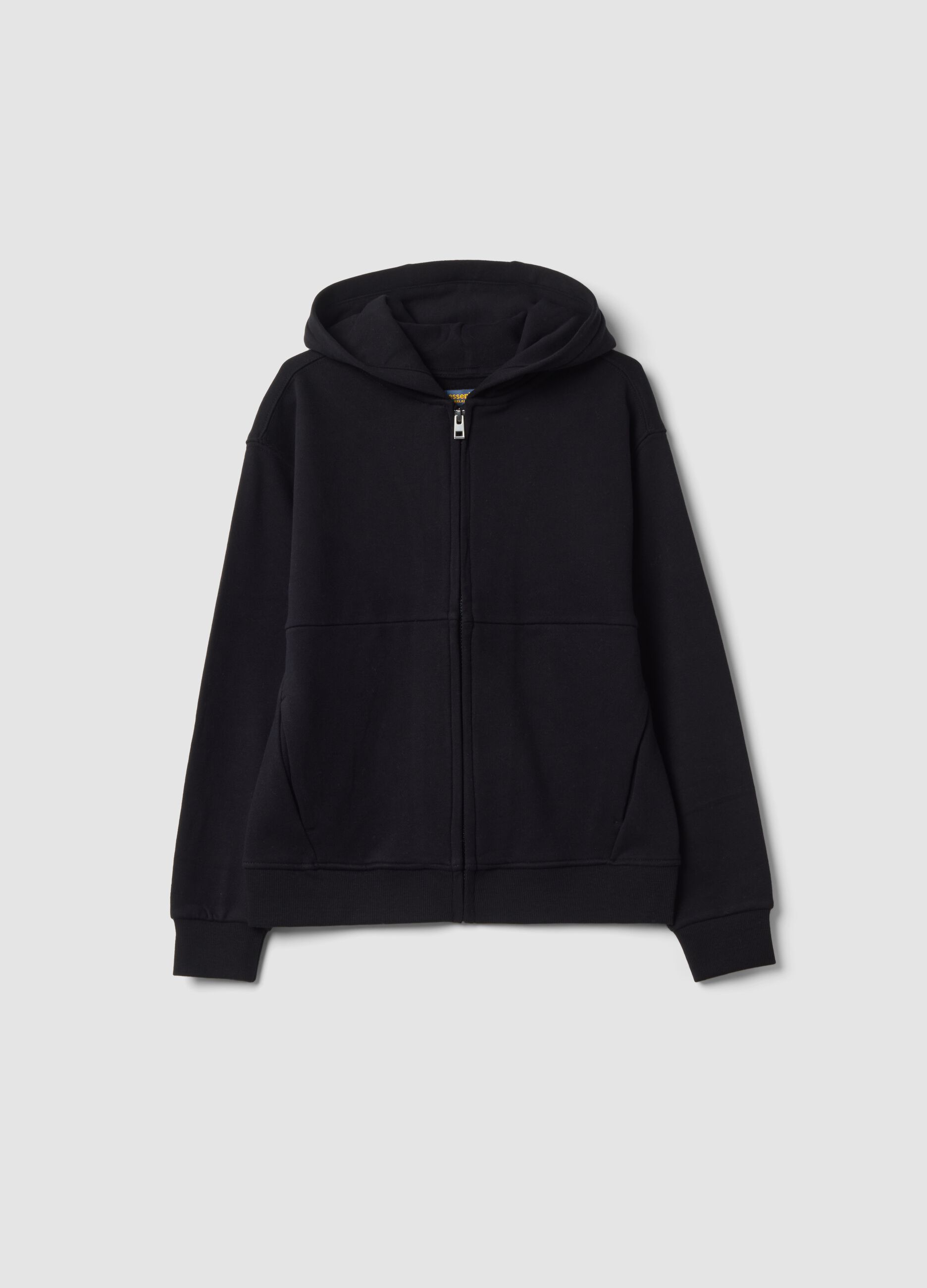 Felpa nera con cappuccio in puro cotone fleece organico relaxed fit