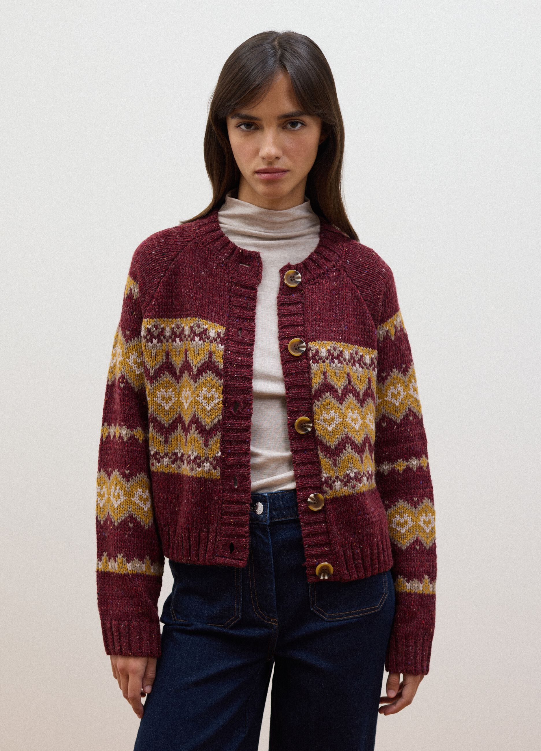 Red crew-neck jacquard wool-blend cardigan, regular fit