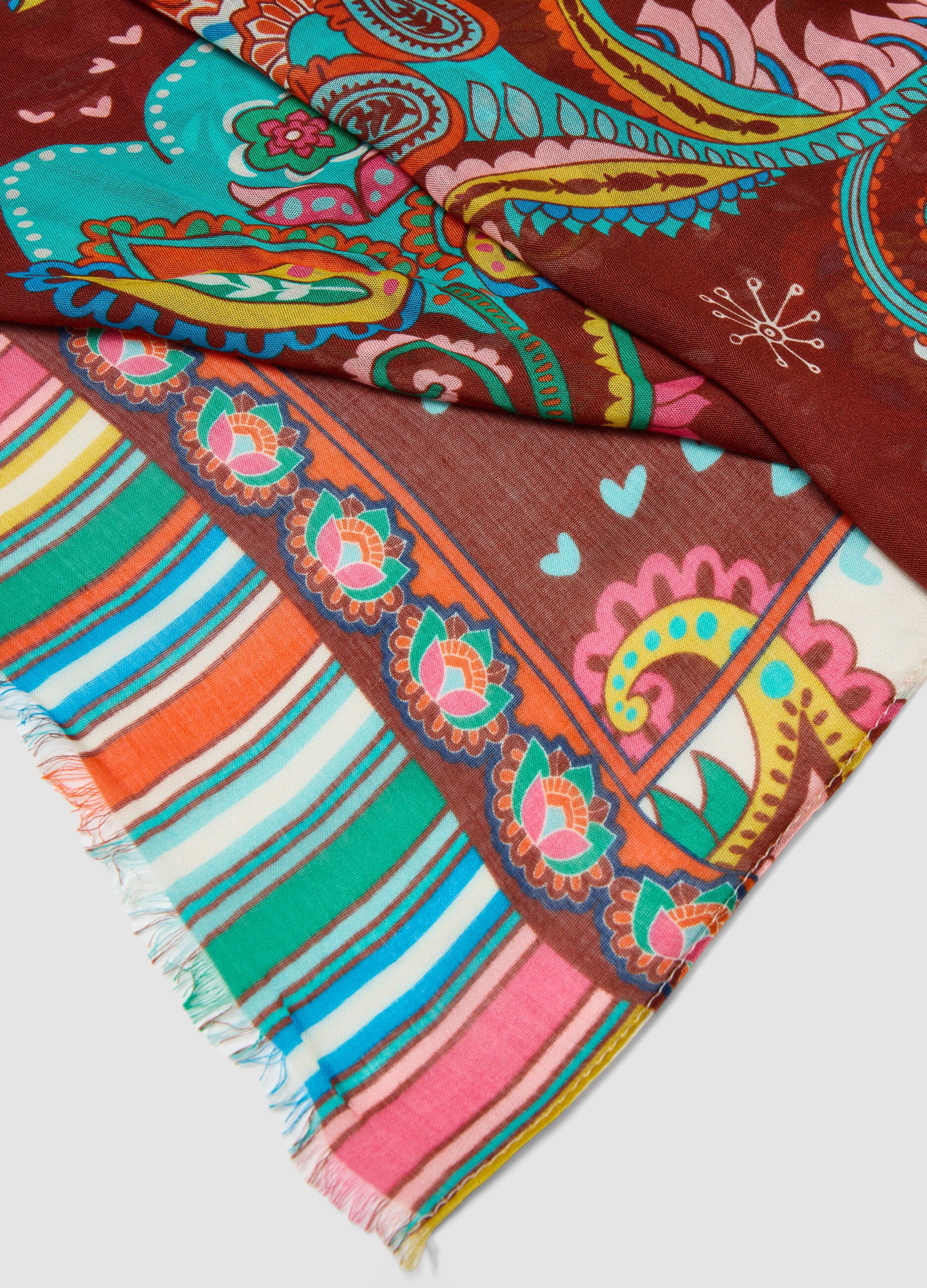 Brown pure viscose scarf with multicolour pattern