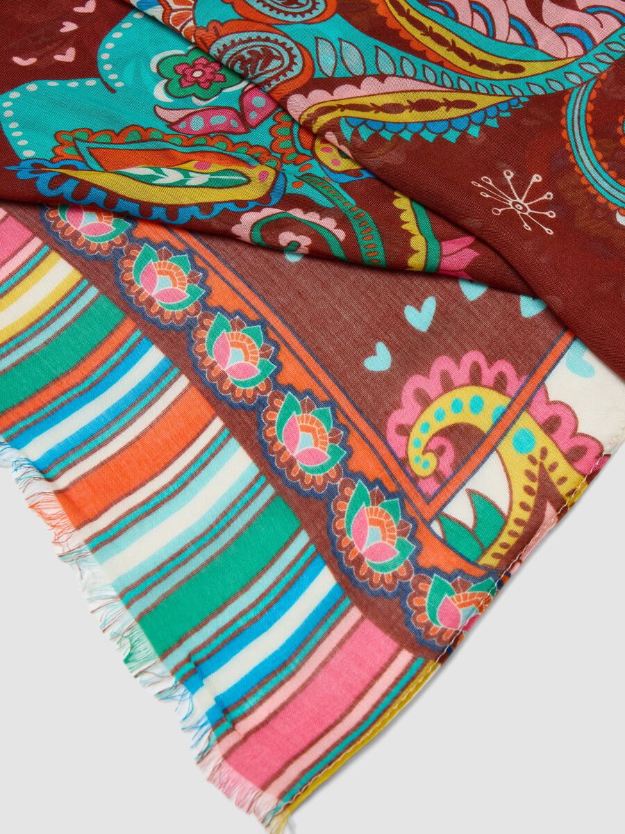 Brown pure viscose scarf with multicolour pattern_2