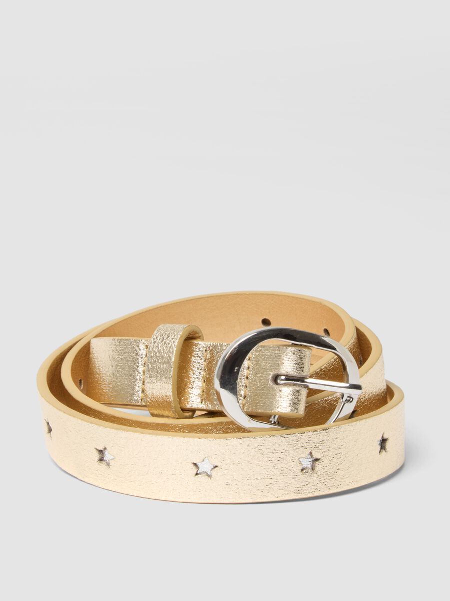 Glossy yellow belt with round buckle and star cut-outs_2