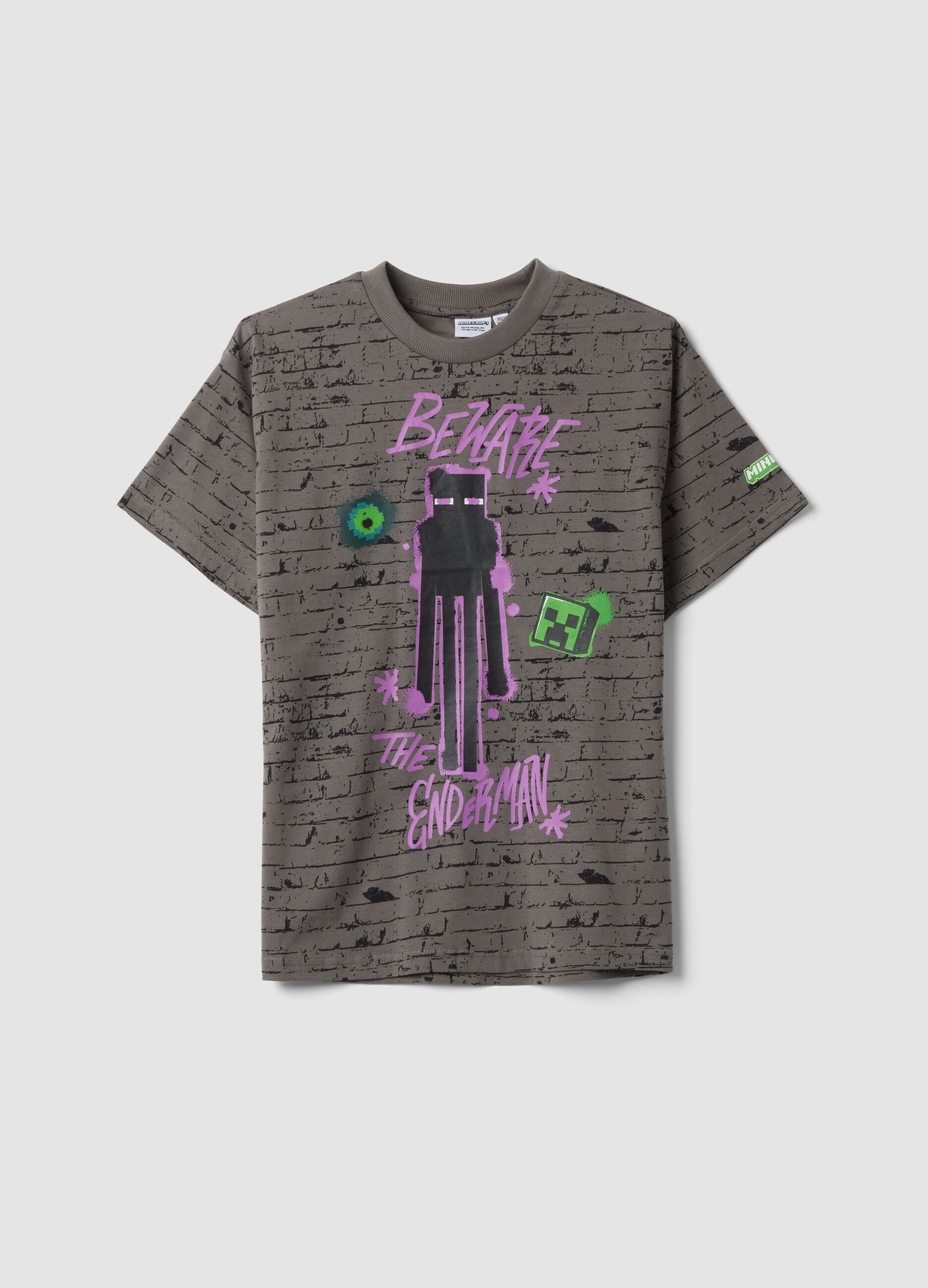Grey pure cotton crew-neck Minecraft print T-shirt