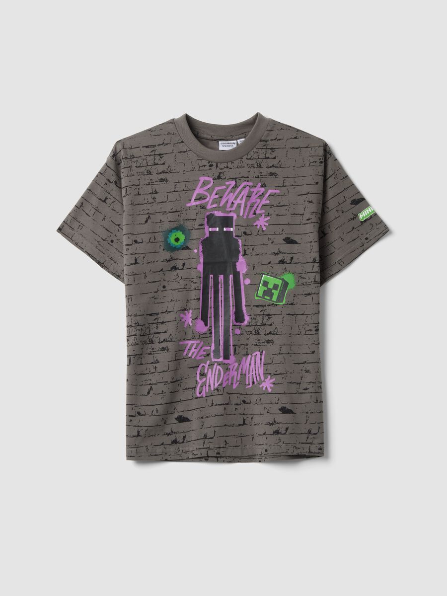 Grey pure cotton crew-neck Minecraft print T-shirt_0