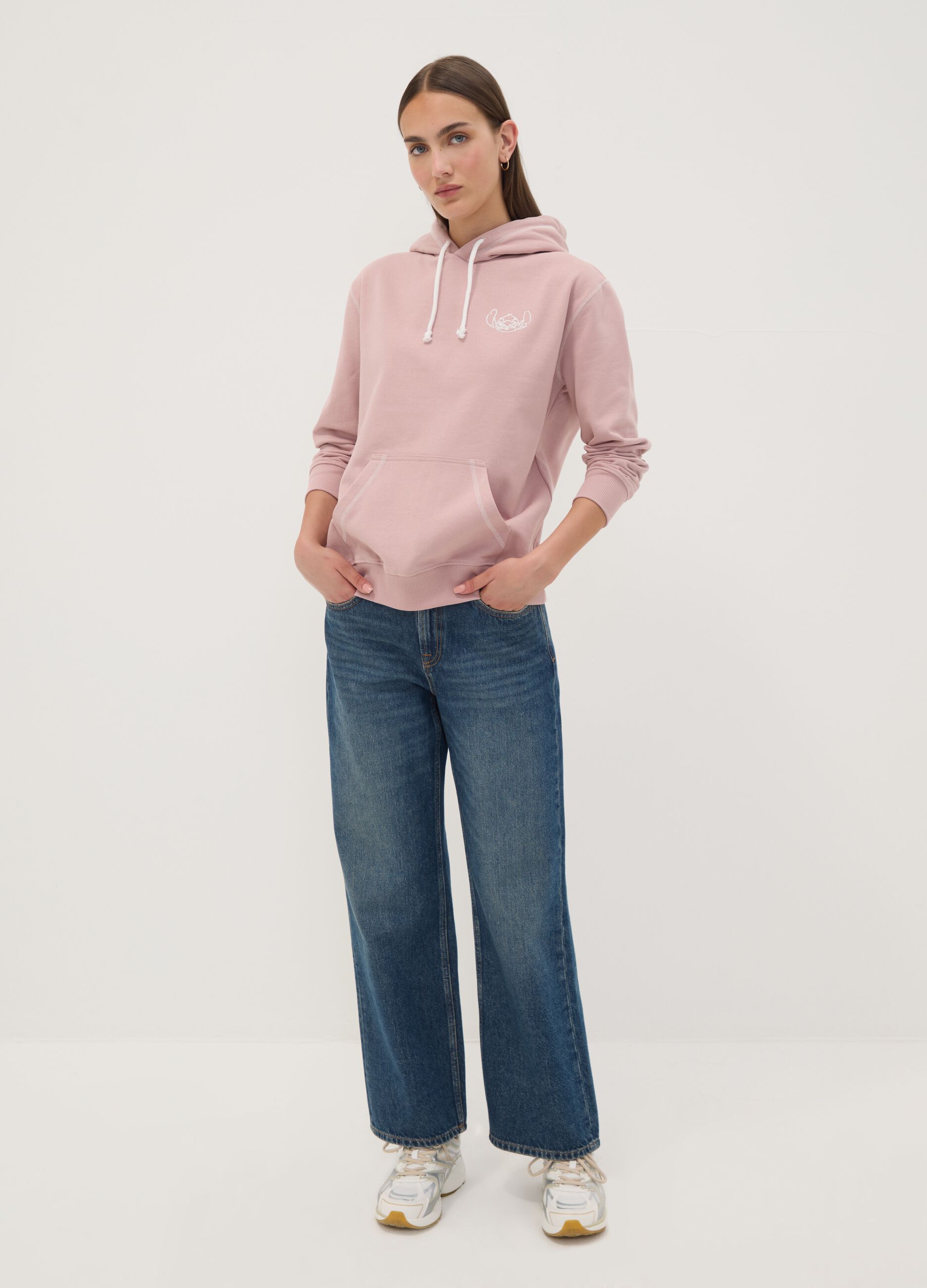 Pink hooded sweatshirt in pure cotton with Lilo & Stitch print