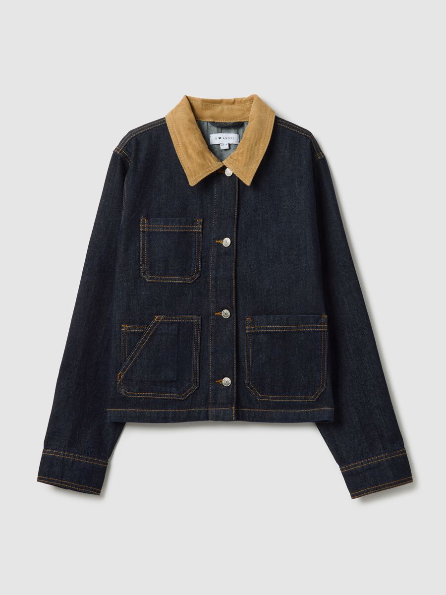 Pure cotton blue regular fit jacket with contrasting collar and pockets_5