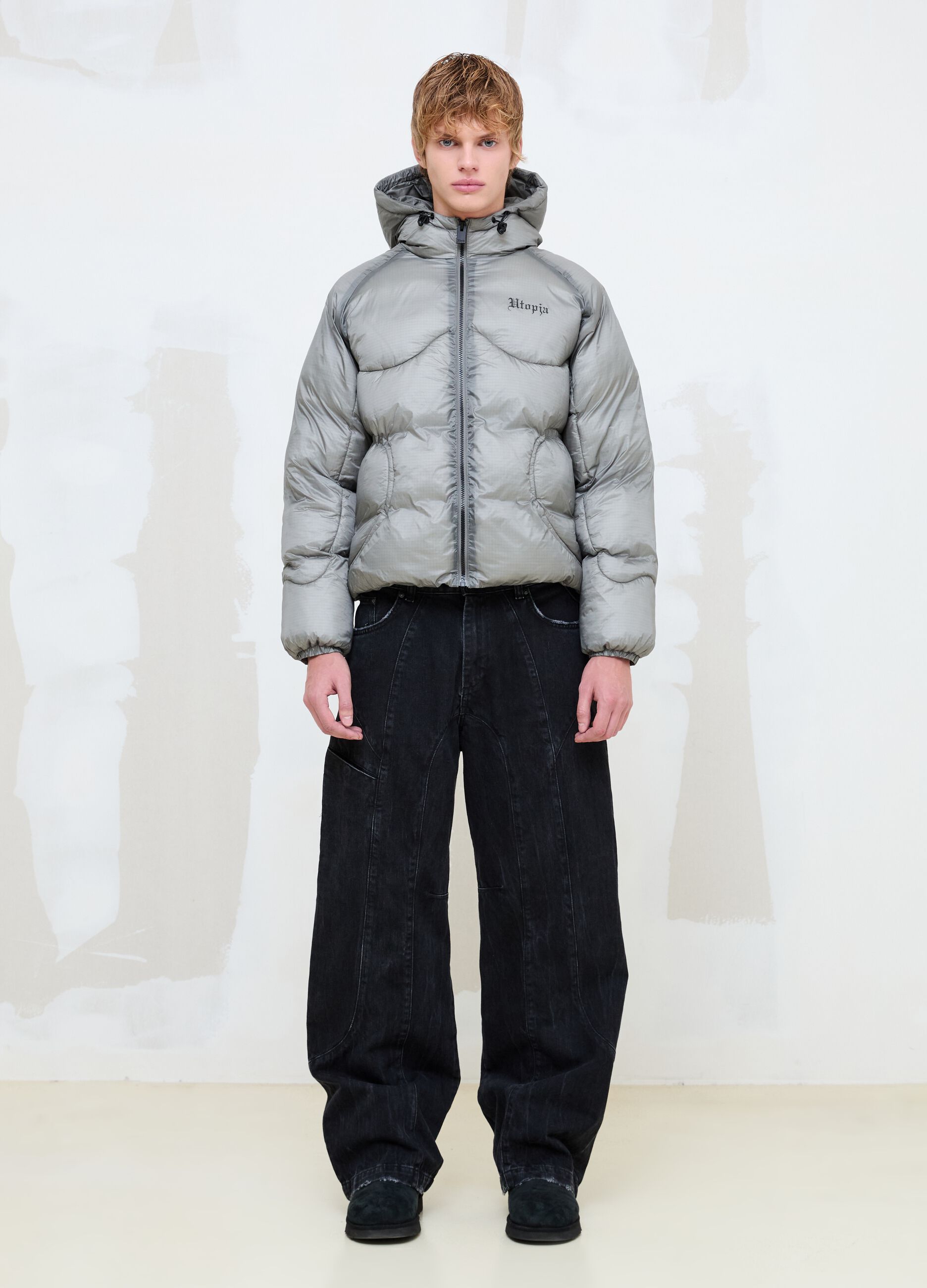 Nylon Ripstop Hooded Puffer Jacket in Grey