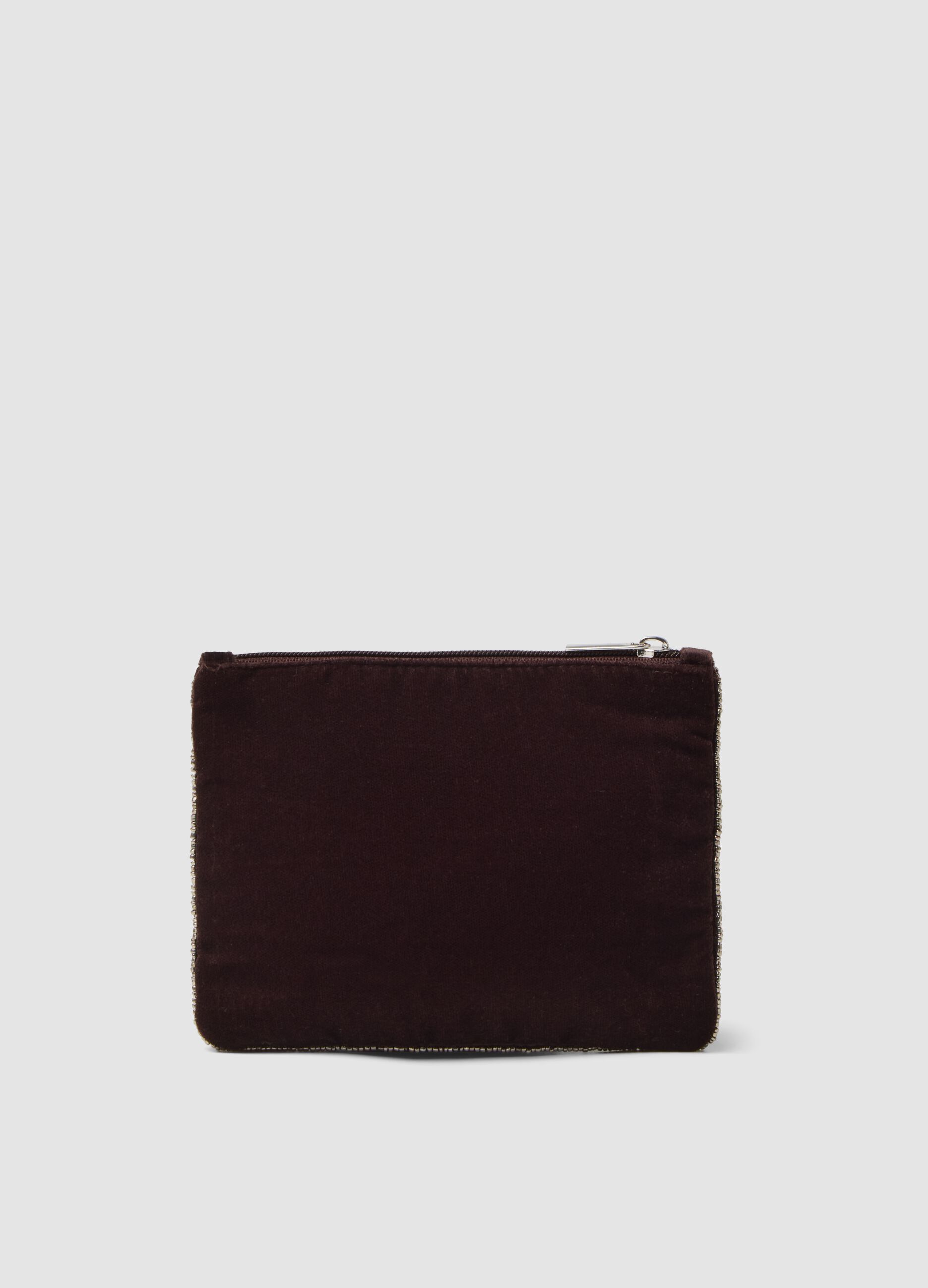 Pochette marrone con ricami di perline e zip