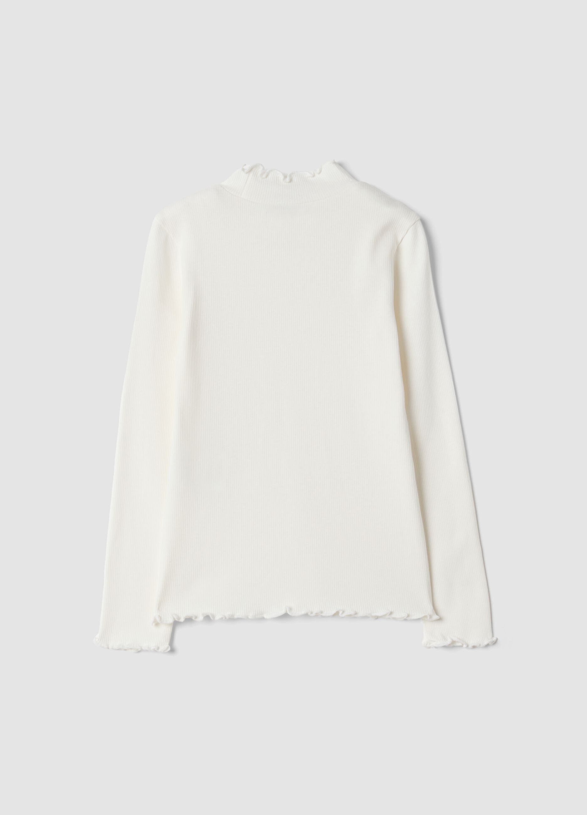 White long-sleeve organic stretch cotton T-shirt with mock neck