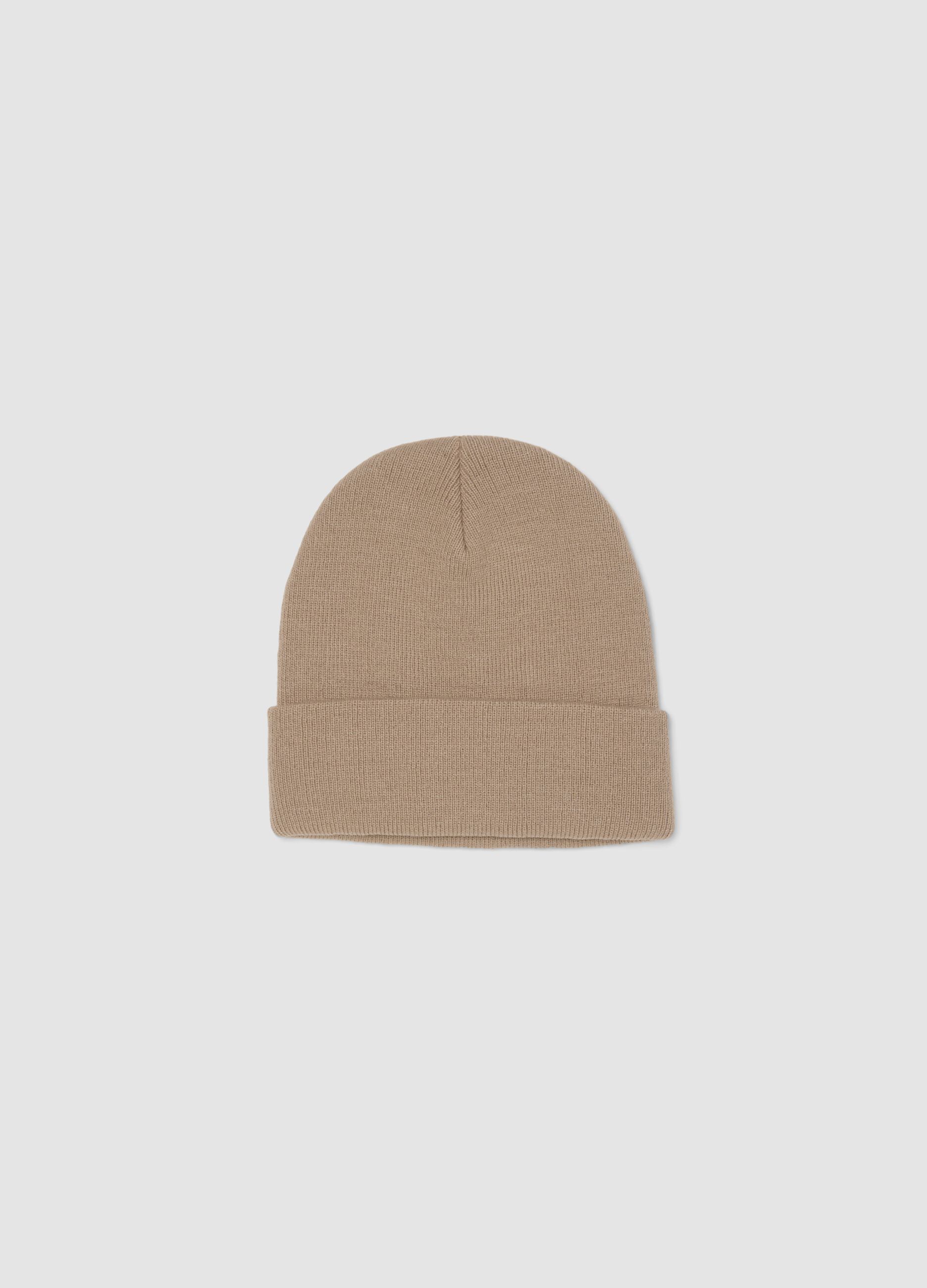 Beige jersey knit beanie with turn-up cuff