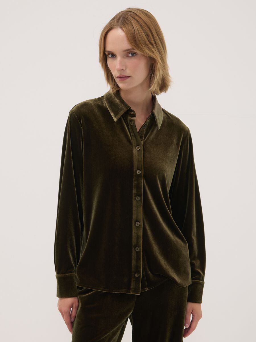 Green stretch velour regular-fit shirt_0