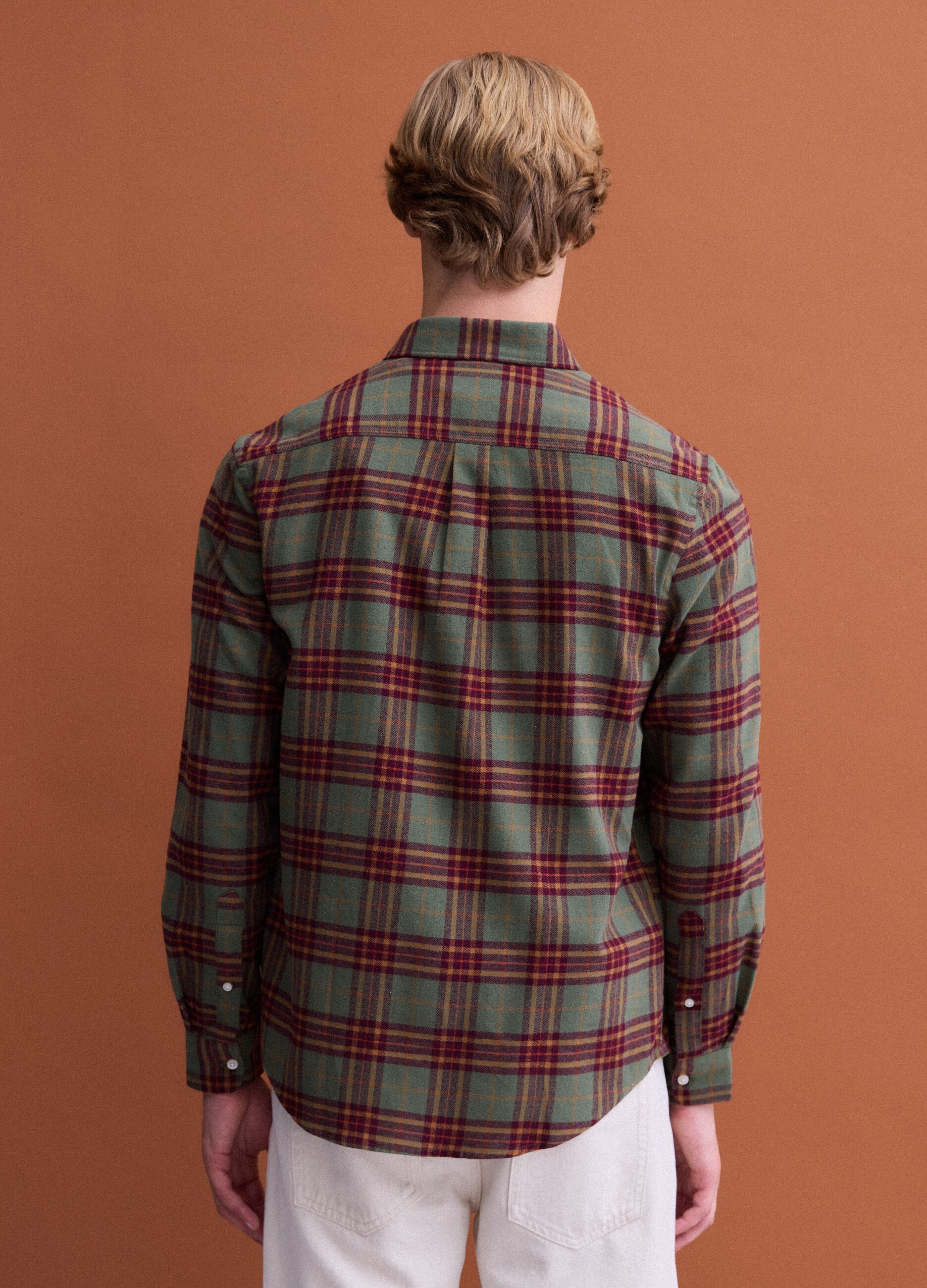 Green and yellow checked pure cotton flannel shirt, regular fit