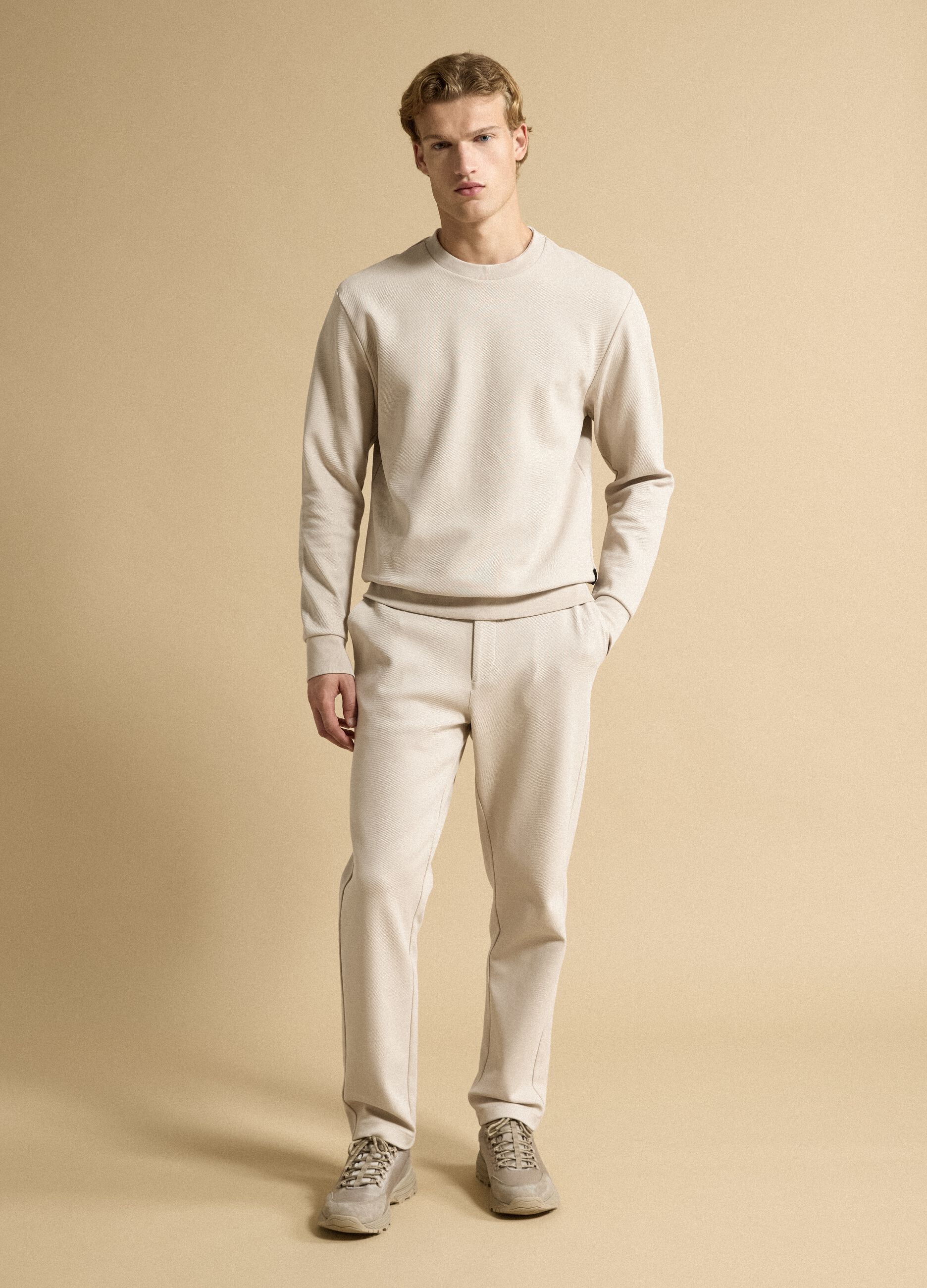Beige stretch-cotton relaxed-fit crew-neck sweatshirt