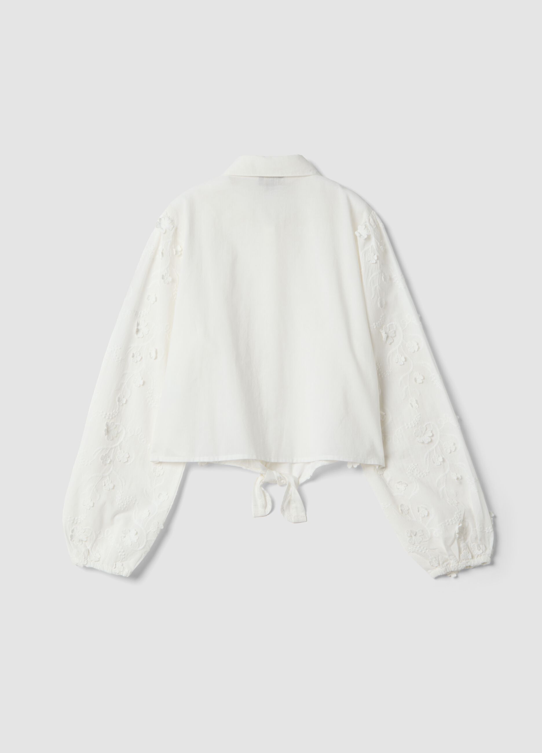 White pure cotton poplin shirt with floral embroidery