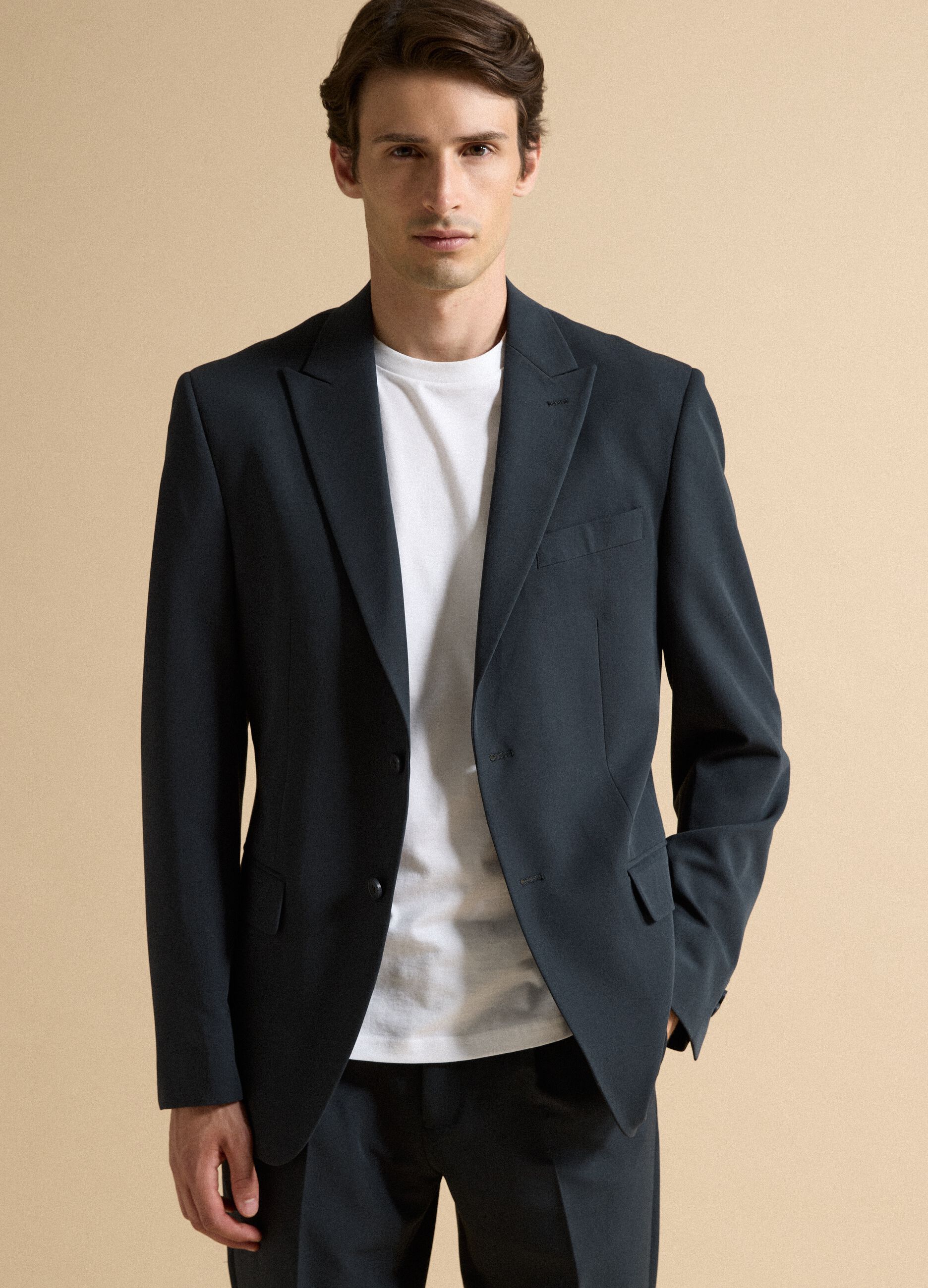 Navy slim-fit stretch viscose twill blazer with peak lapels