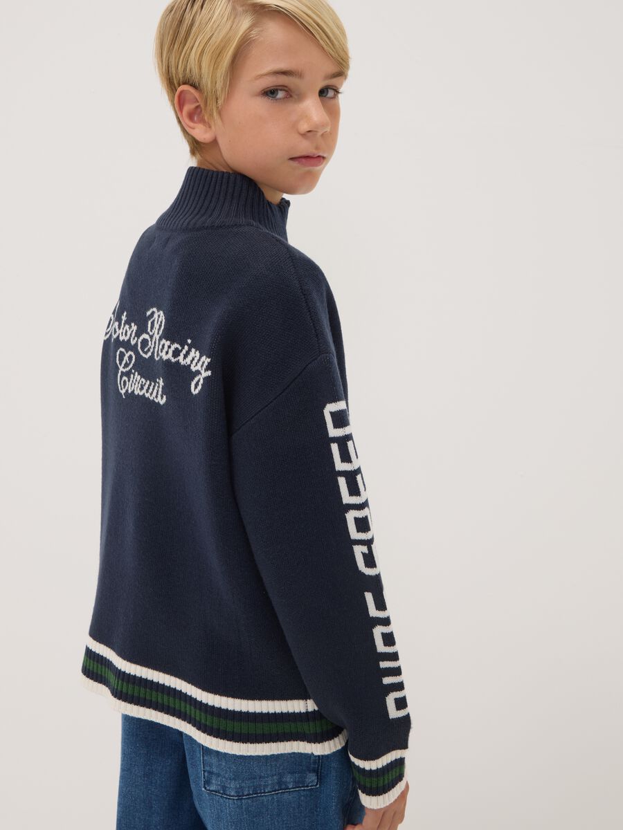Blue zip-up cardigan with racing embroidery_0
