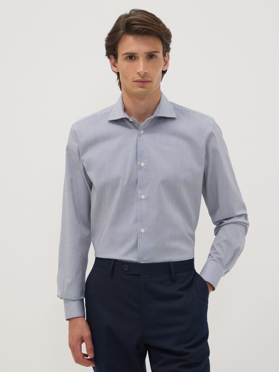 Blue pure cotton striped shirt with French collar, slim fit, non-iron_0