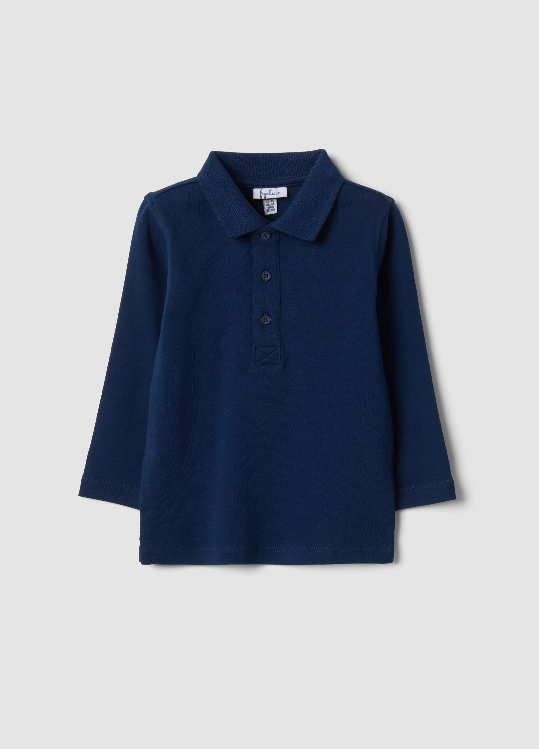Polo blu in puro cotone organico a maniche lunghe per bimbo