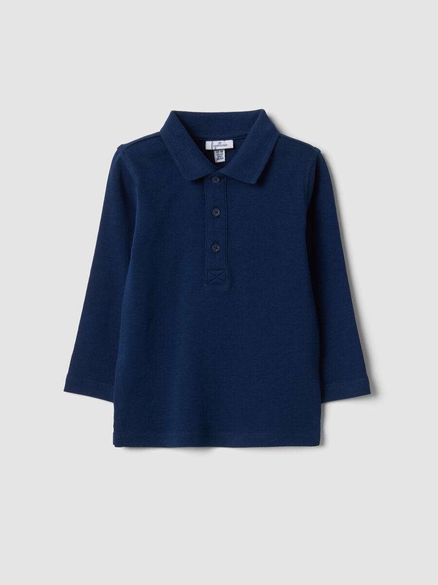 Blue long-sleeve polo shirt in pure organic cotton for baby boy_0