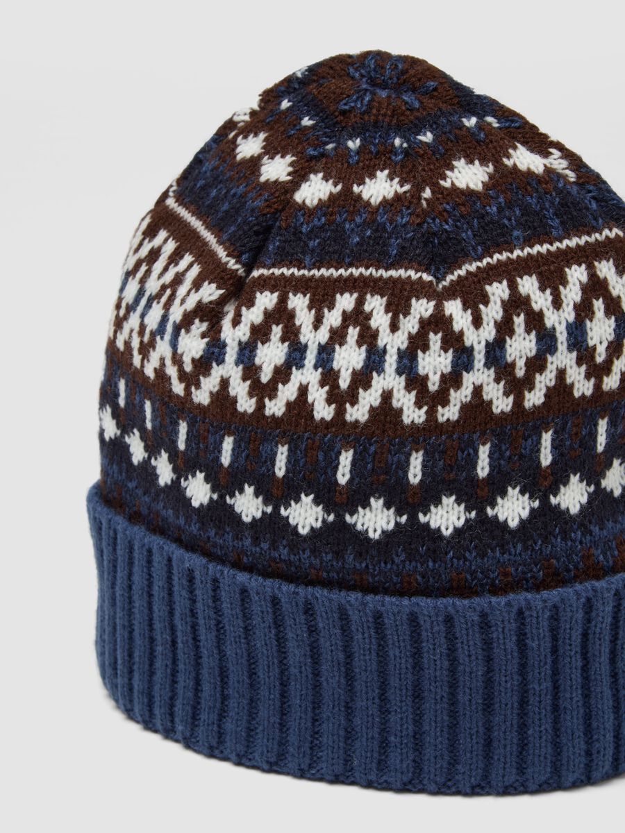 Navy blue jacquard knit beanie with turn-up_2