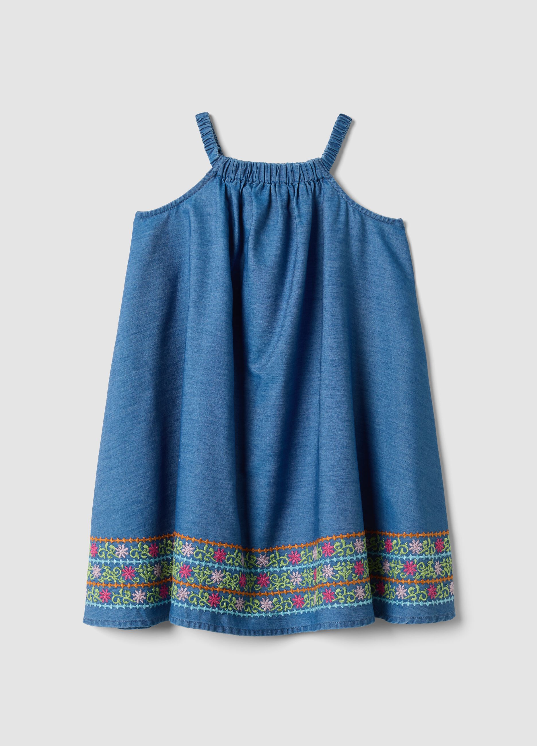 Blue pure lyocell dress with straps and hem embroidery