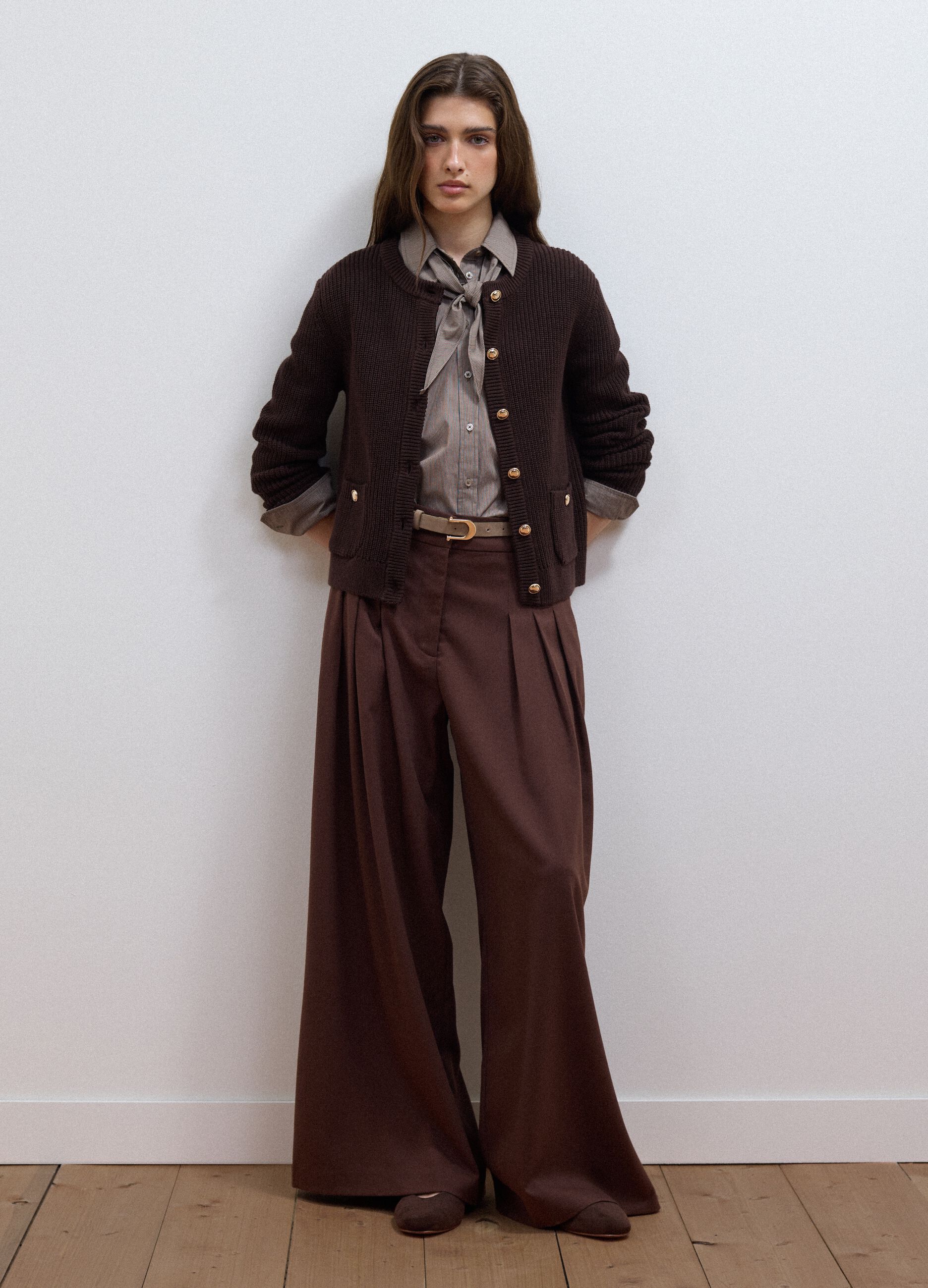 Brown wide-leg formal trousers in stretch viscose with belt