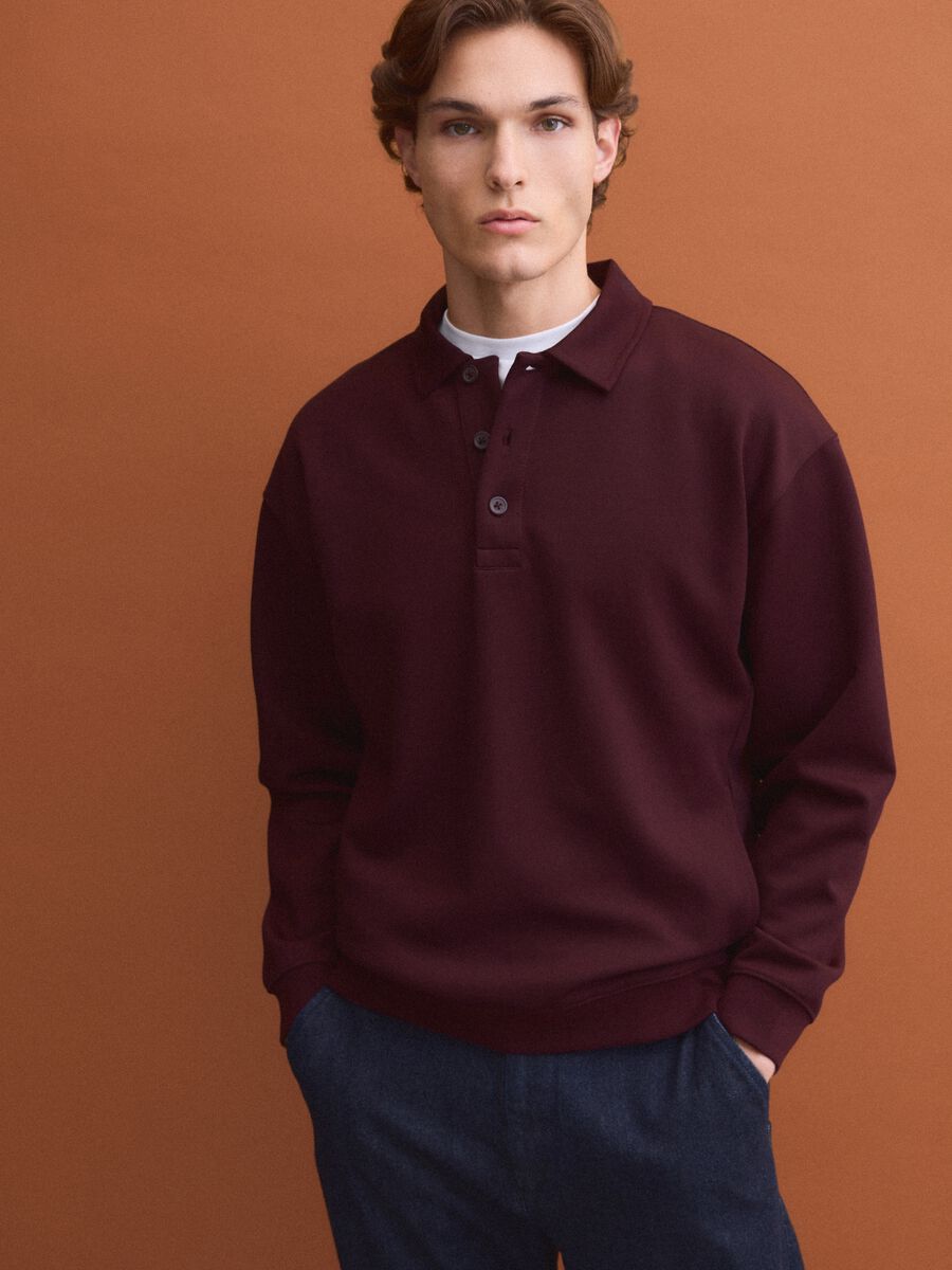 Brown stretch polo-collar sweatshirt, relaxed fit_0