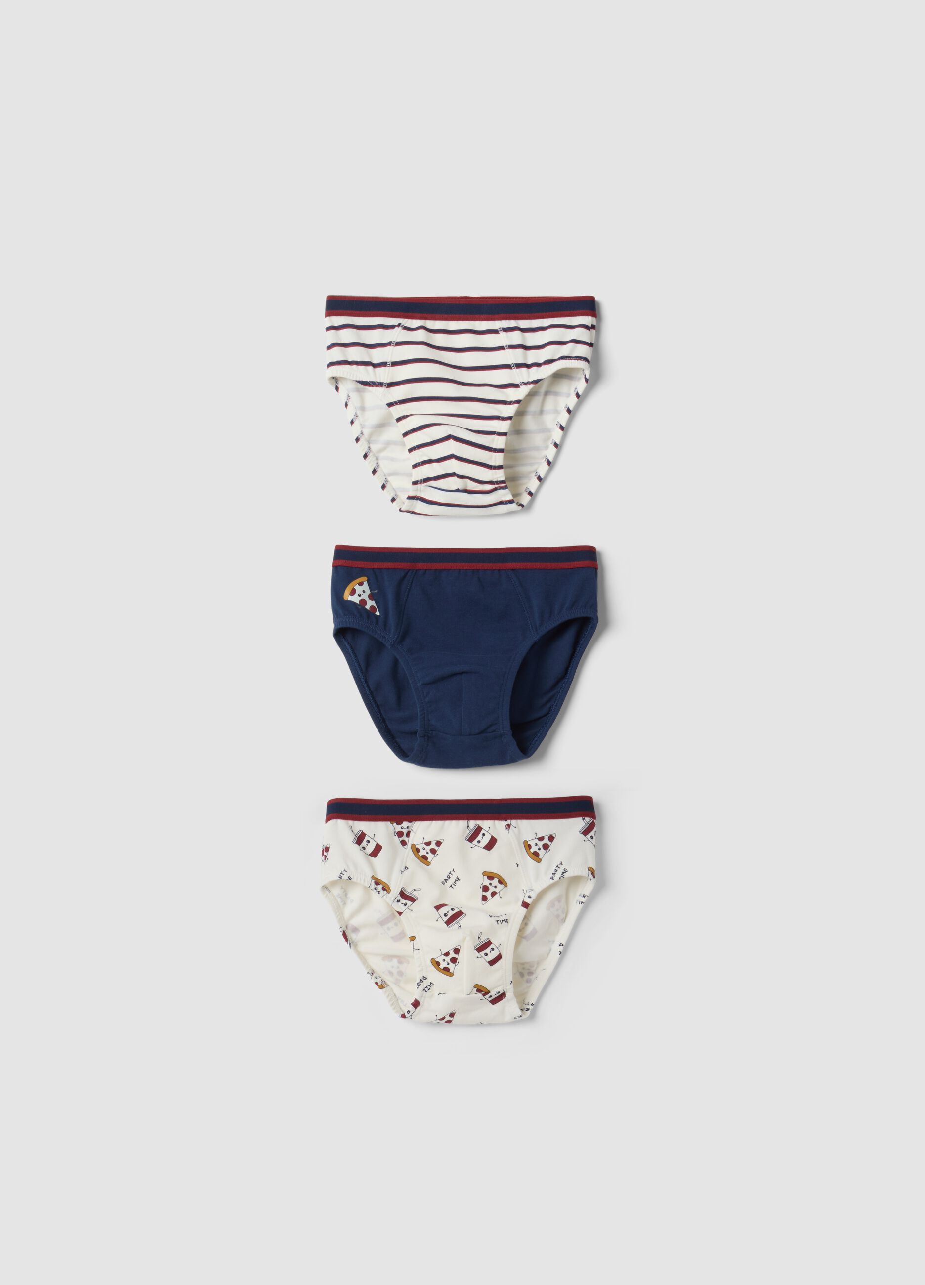 3-pack of blue and white organic stretch cotton briefs with print