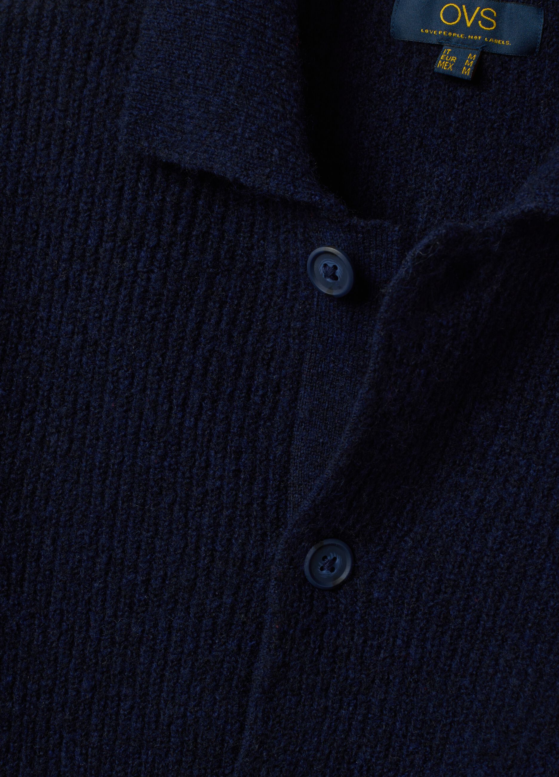 Navy blue stretch wool cardigan with polo collar