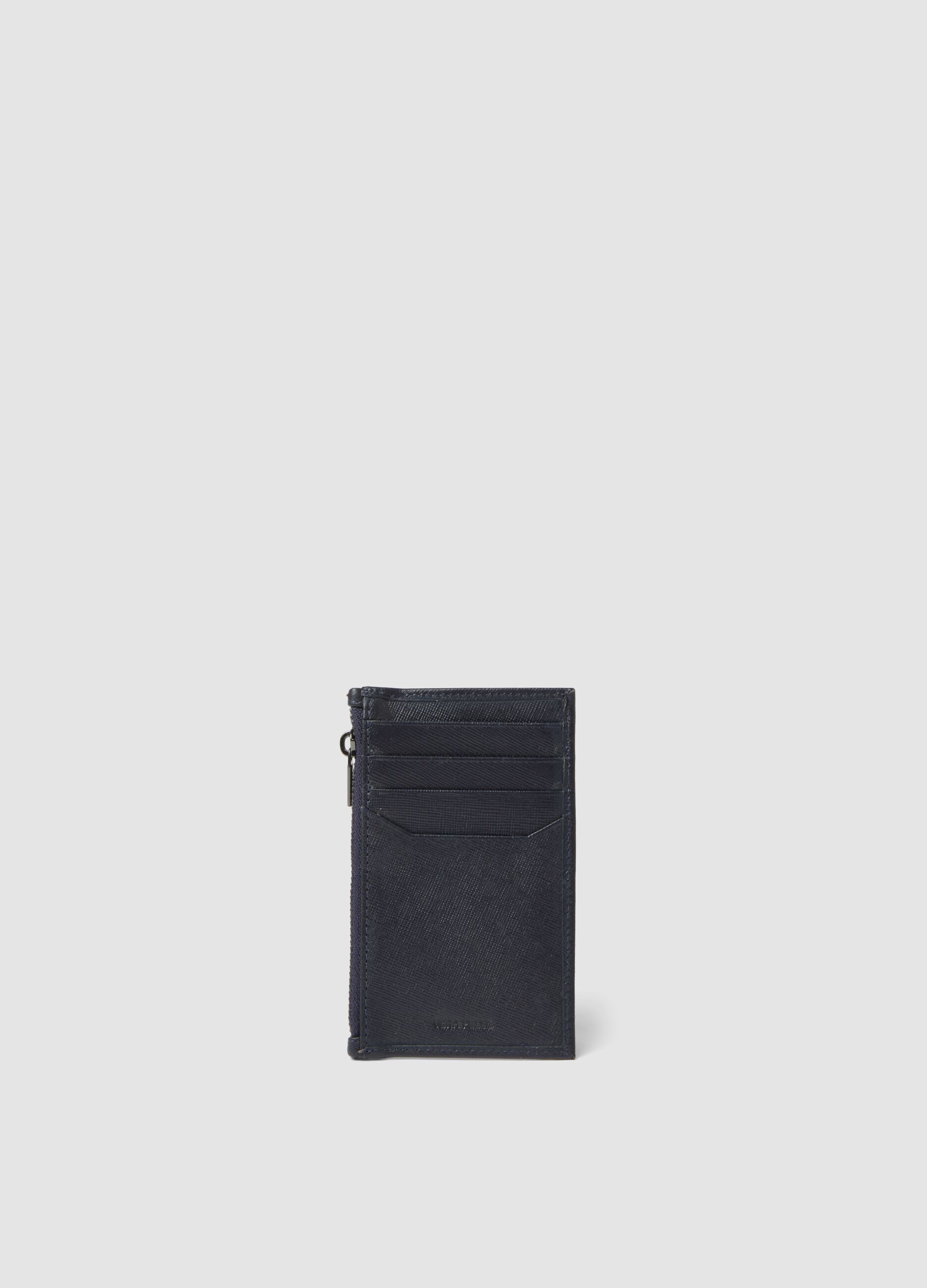 Blue genuine leather card holder with zip