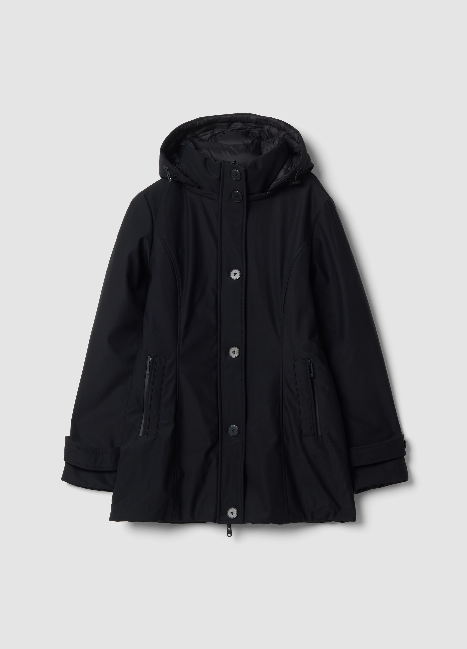 Black hooded parka in stretch fabric, regular fit