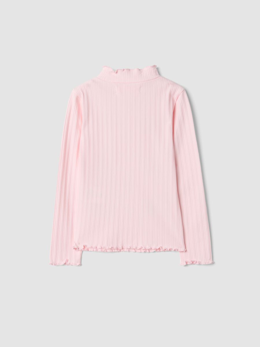 Pink stretch cotton high-neck T-shirt with decorative embroidery_1