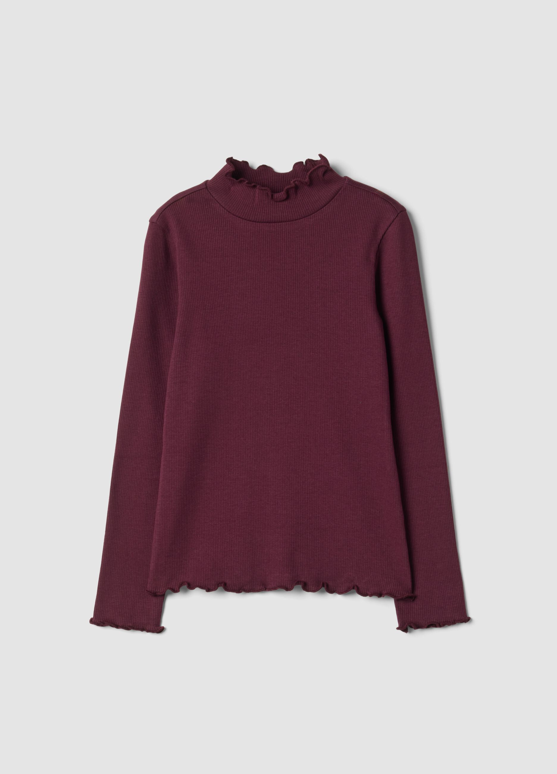 Purple organic stretch cotton T-shirt with mock neck