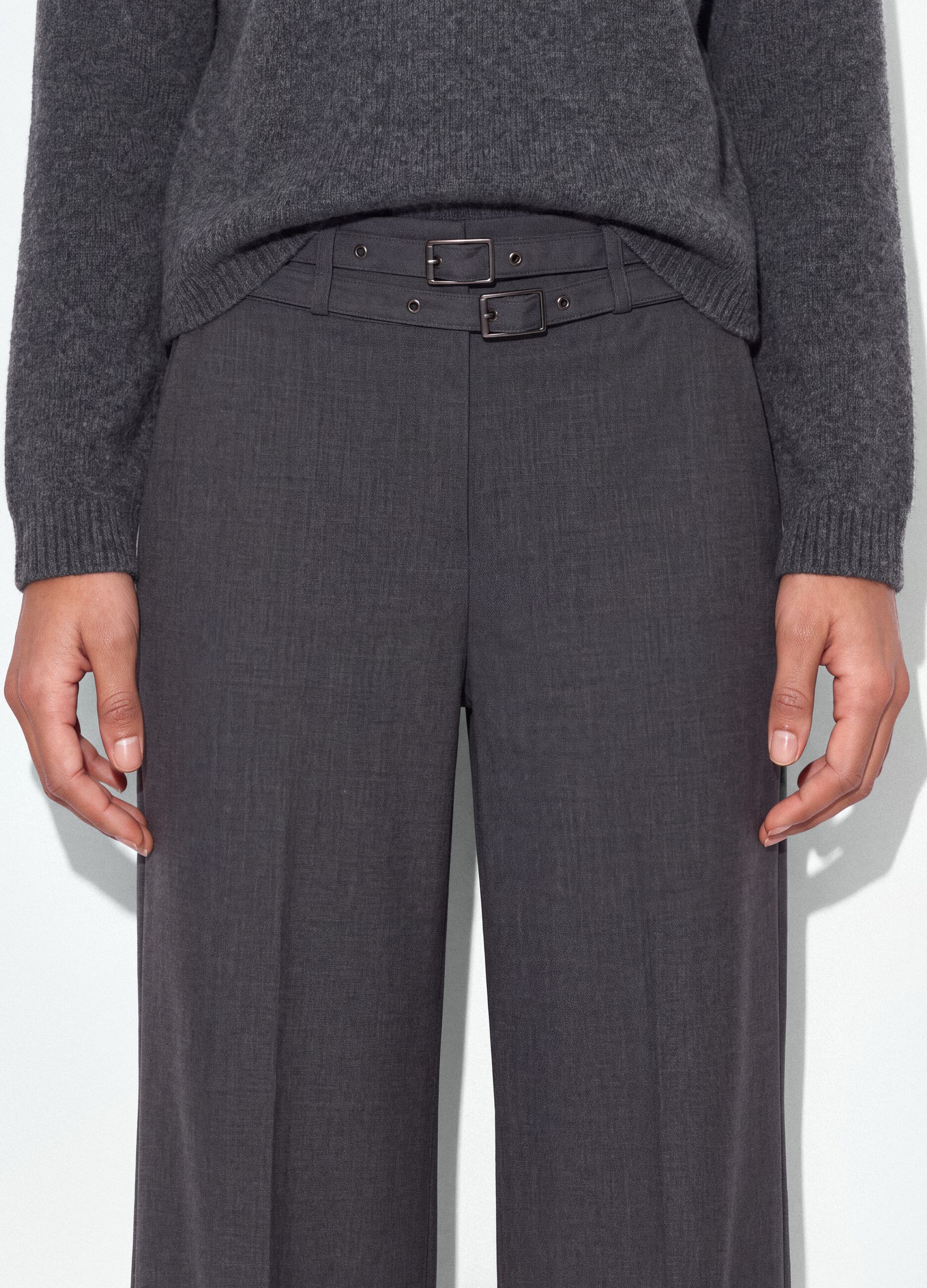 Grey formal stretch-viscose trousers with belt